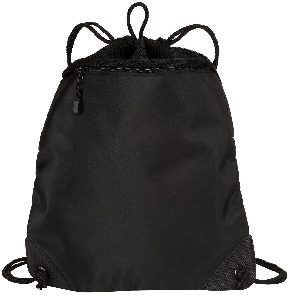 Cinch Pack with Mesh Trim Black front view for custom printing