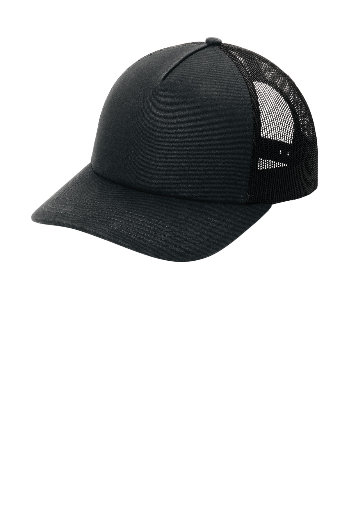 Low-Profile Snapback 5-Panel Trucker Cap Black/ Black front view for custom printing
