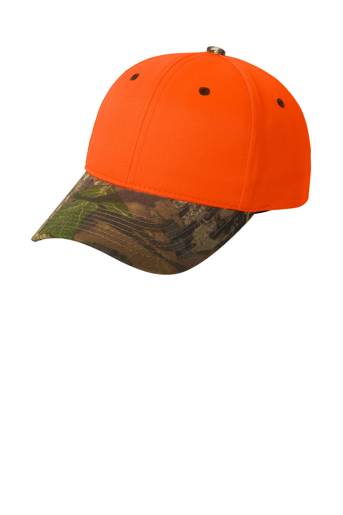 Enhanced Visibility Cap with Camo Brim Orange Blaze/ Mossy Oak New Break-Up front view for custom printing
