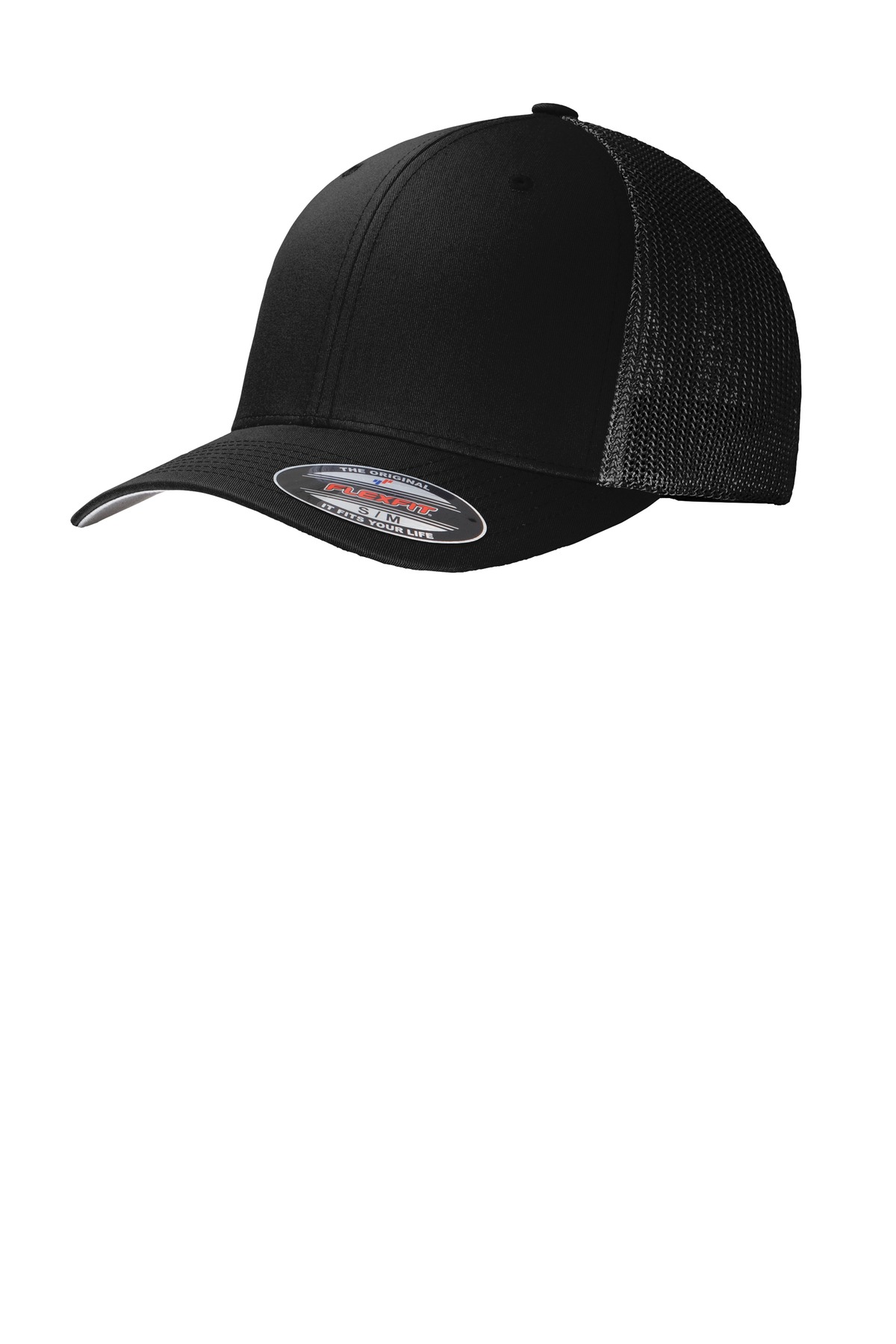 Flexfit Mesh Back Cap Black/ Black front view for custom printing