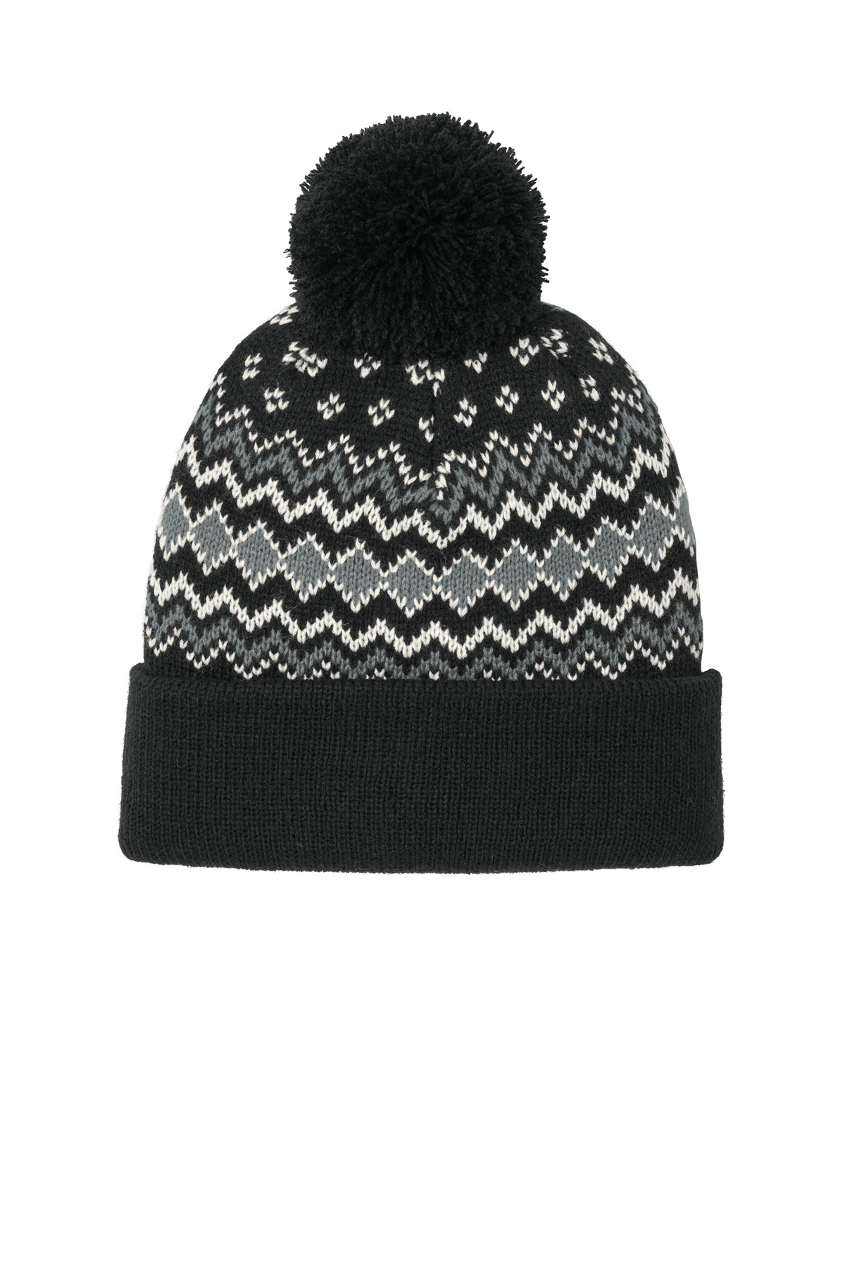 Alpine Pom Beanie Deep Black/ Gusty Grey/ Marshmallow front view for custom printing
