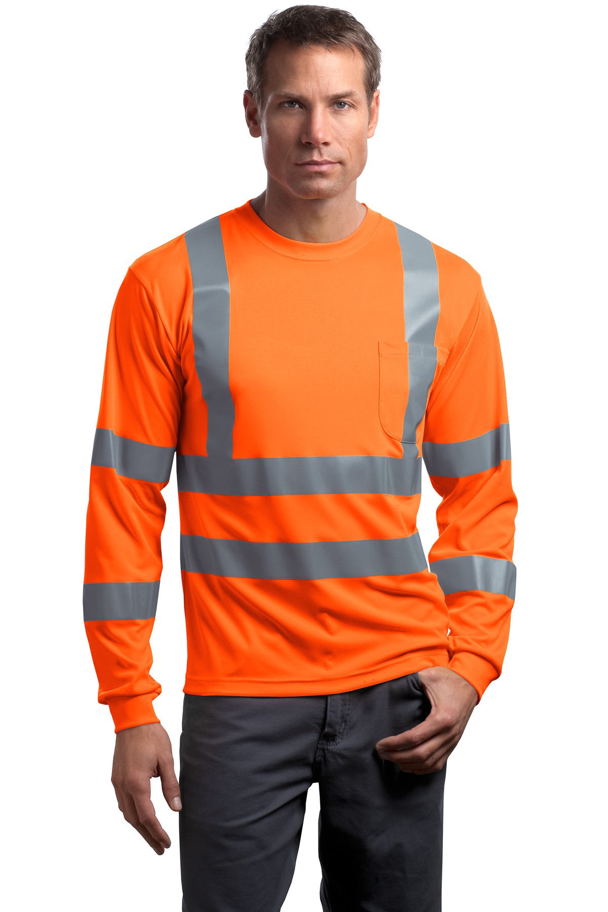 ANSI 107 Class 3 Long Sleeve Snag-Resistant Reflective T-Shirt Safety Orange front view for custom printing