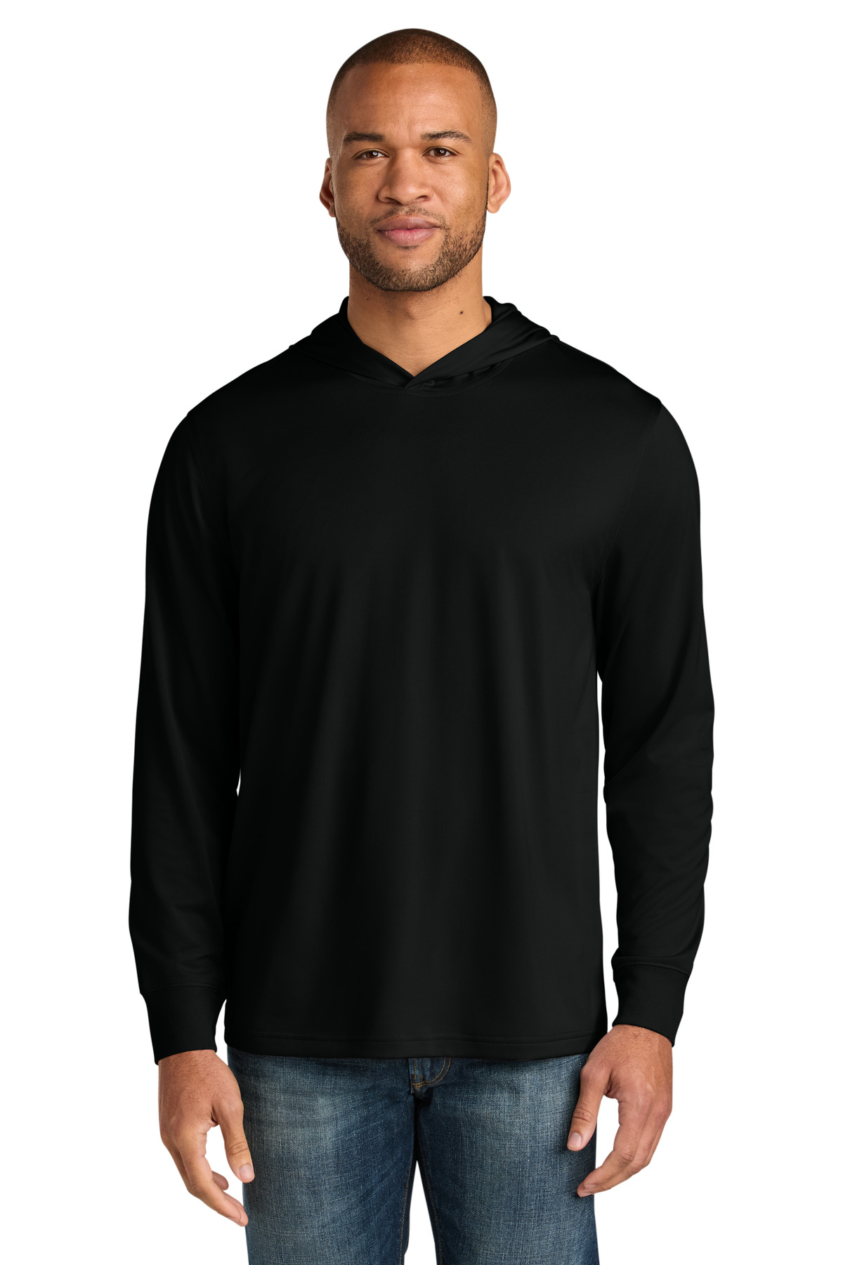 Workwear Pro Long Sleeve Hooded Tee Black front view for custom printing