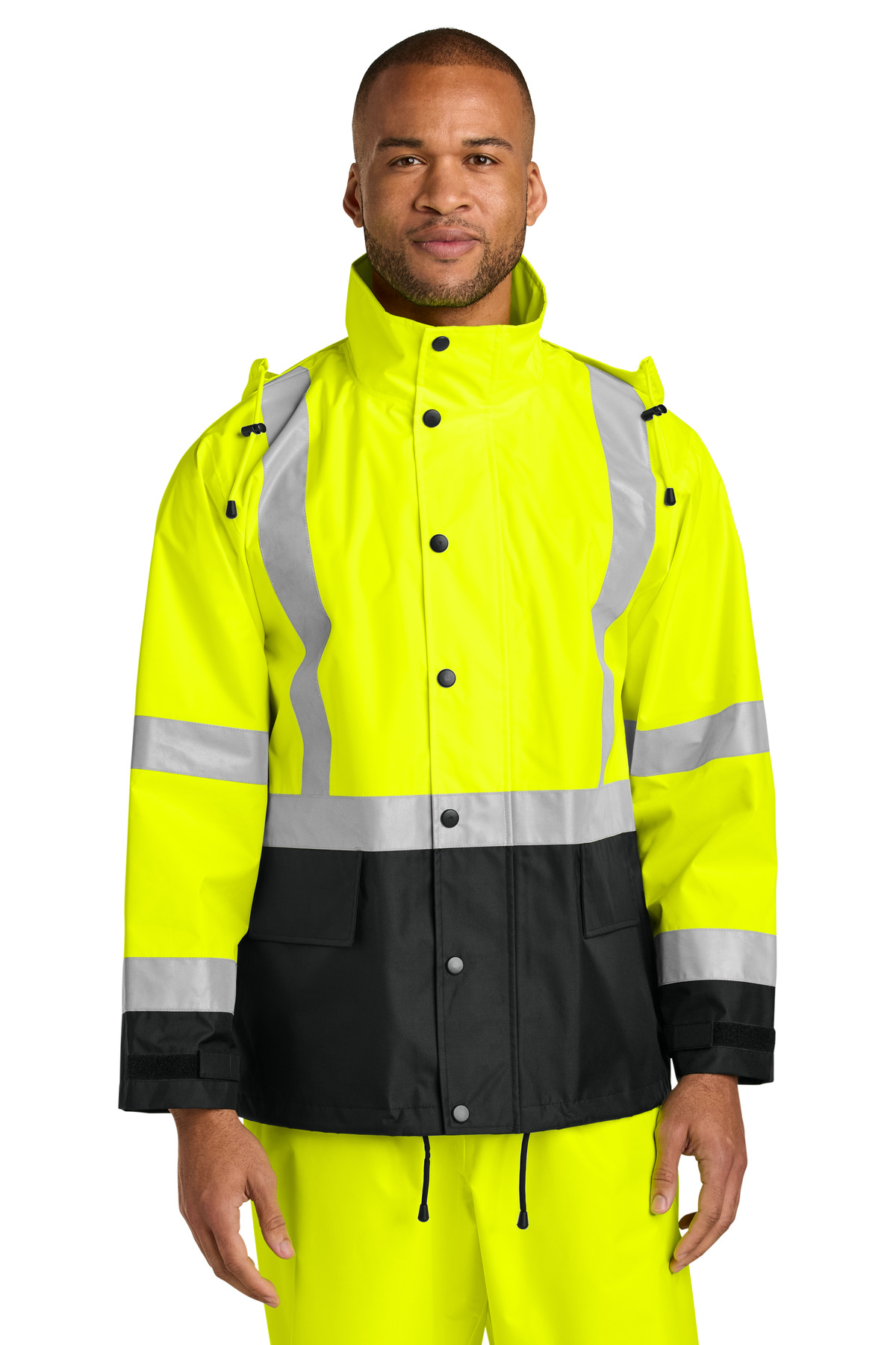 ANSI 107 Class 3 Rain Jacket Safety Yellow/ Black front view for custom printing