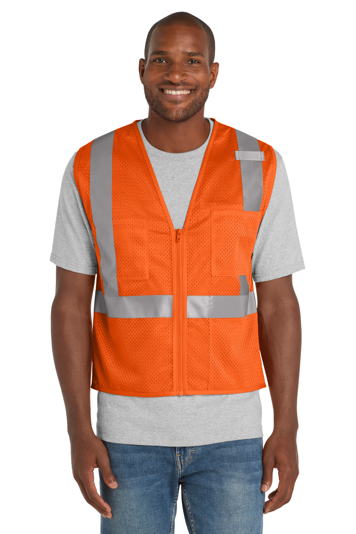 ANSI 107 Class 2 Mesh Zippered Vest Safety Orange front view for custom printing