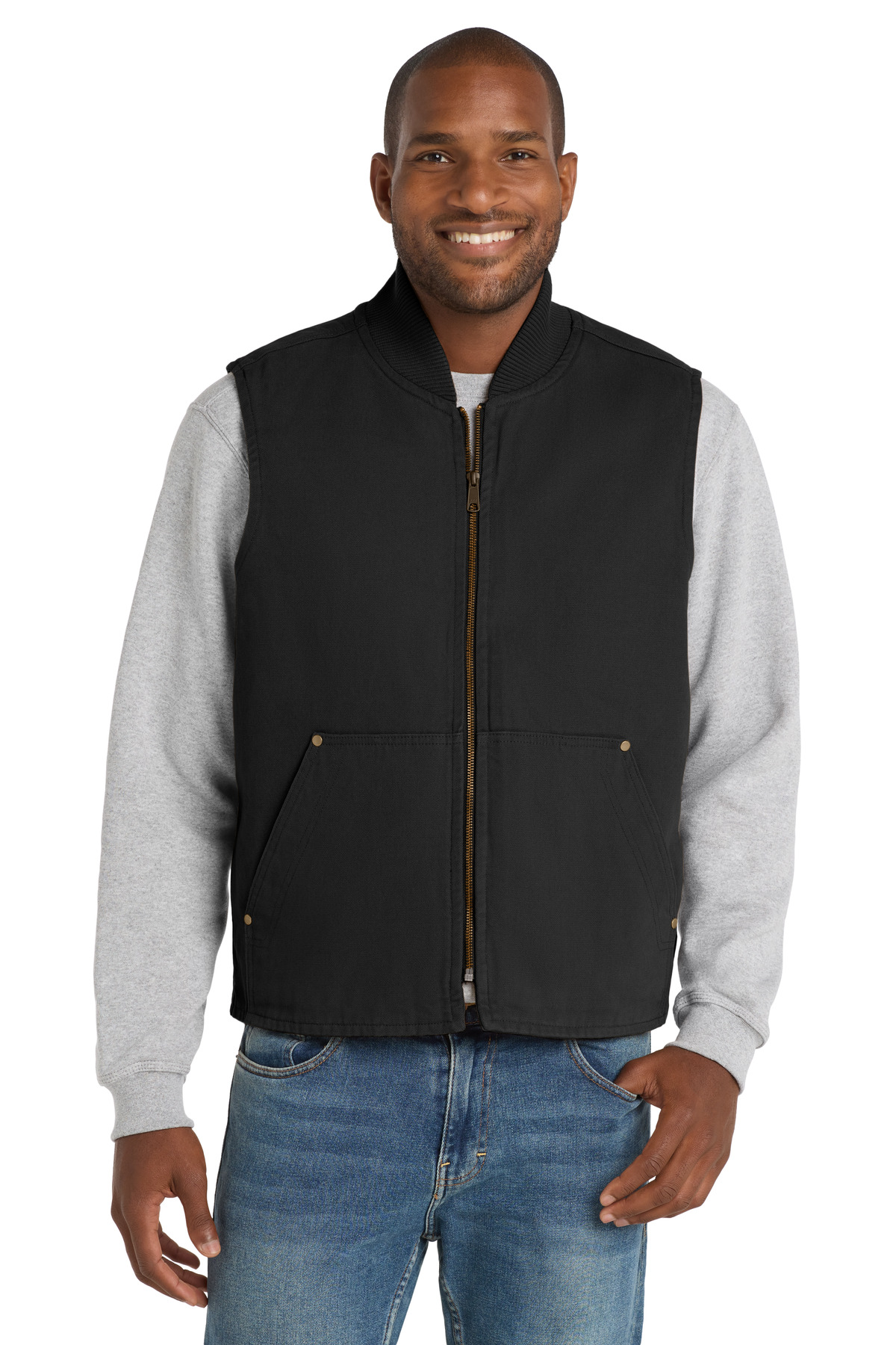 Washed Duck Cloth Vest Black front view for custom printing