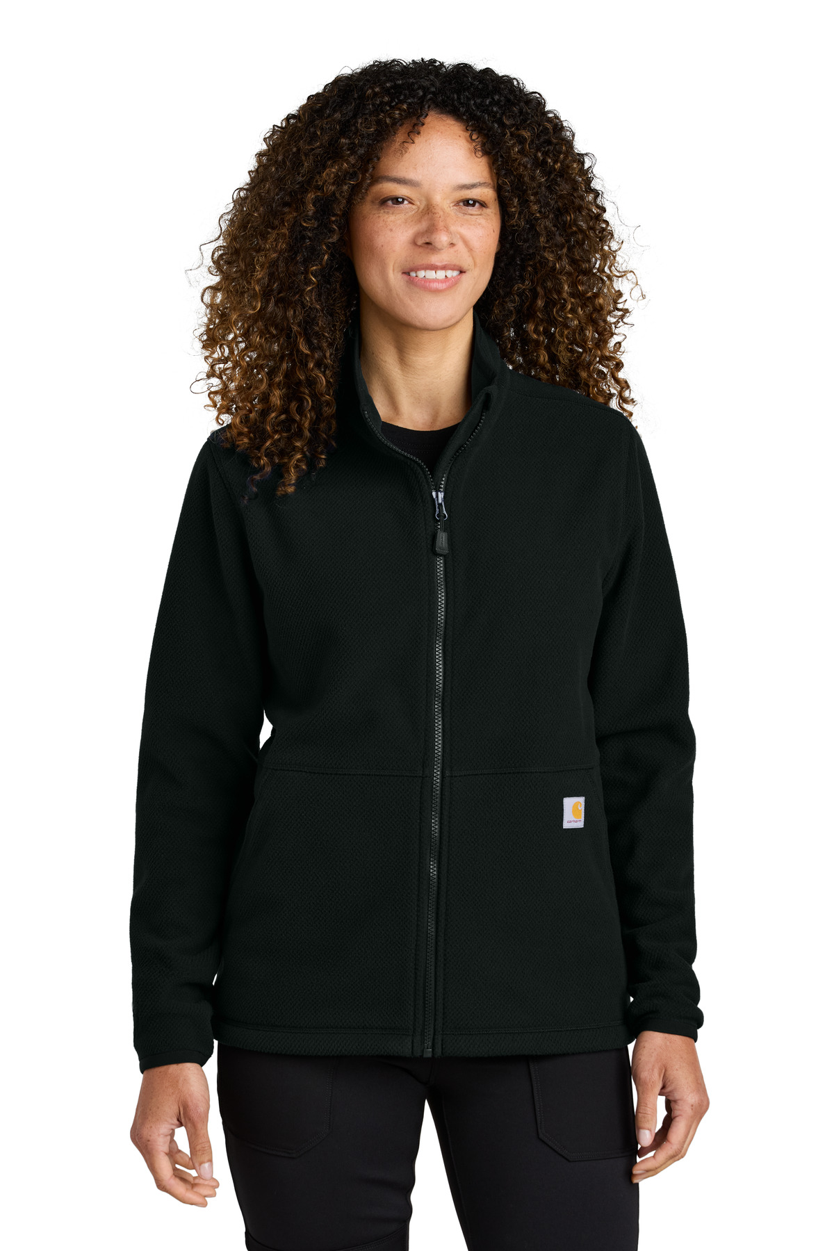 Women's Textured Full-Zip Fleece Jacket Black front view for custom printing