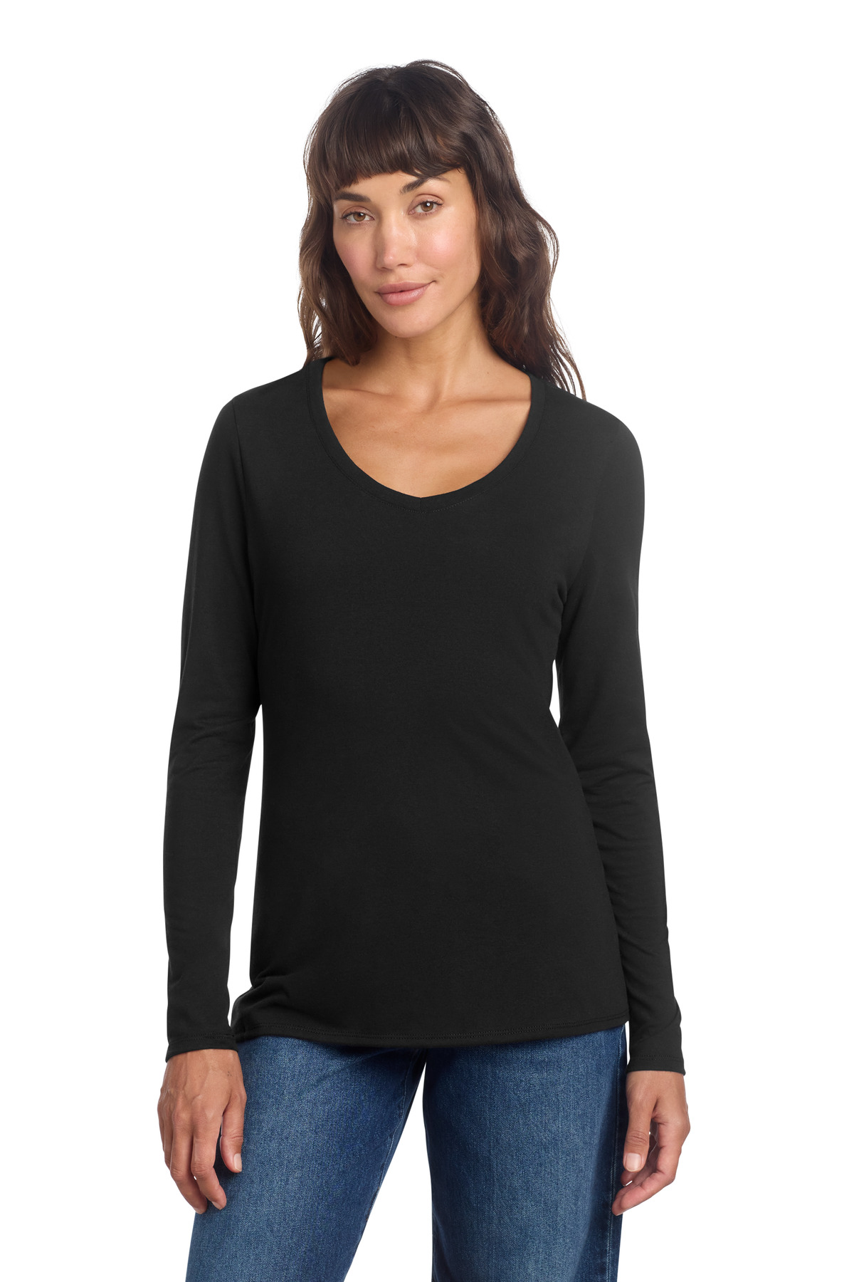 Women's Perfect Tri Long Sleeve V-Neck Tee Black front view for custom printing