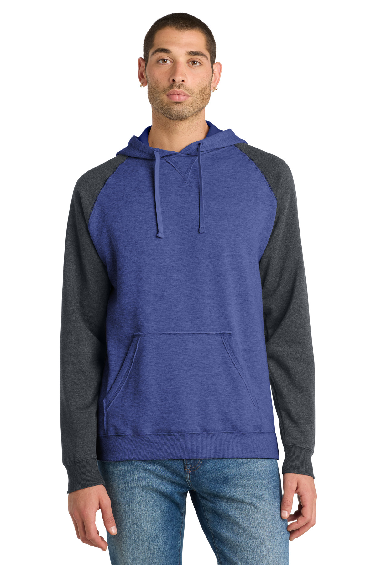 Young Mens Lightweight Fleece Raglan Hoodie Heathered Deep Royal/ Heathered Charcoal front view for custom printing