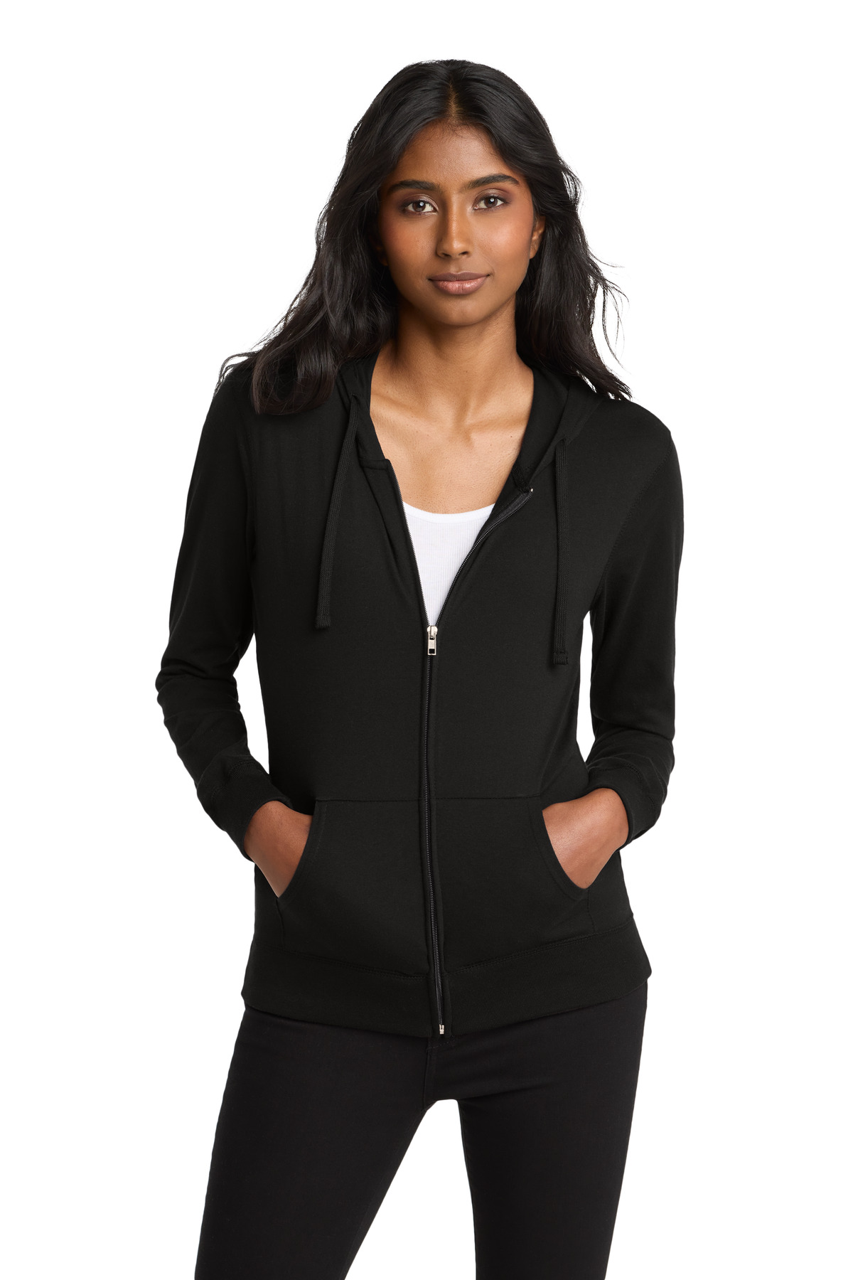 Women's Fitted Jersey Full-Zip Hoodie Black front view for custom printing