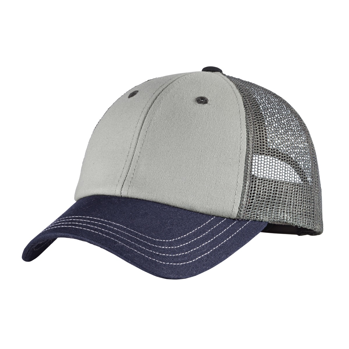 Tri-Tone Mesh Back Cap Chrome/ New Navy/ Charcoal front view for custom printing