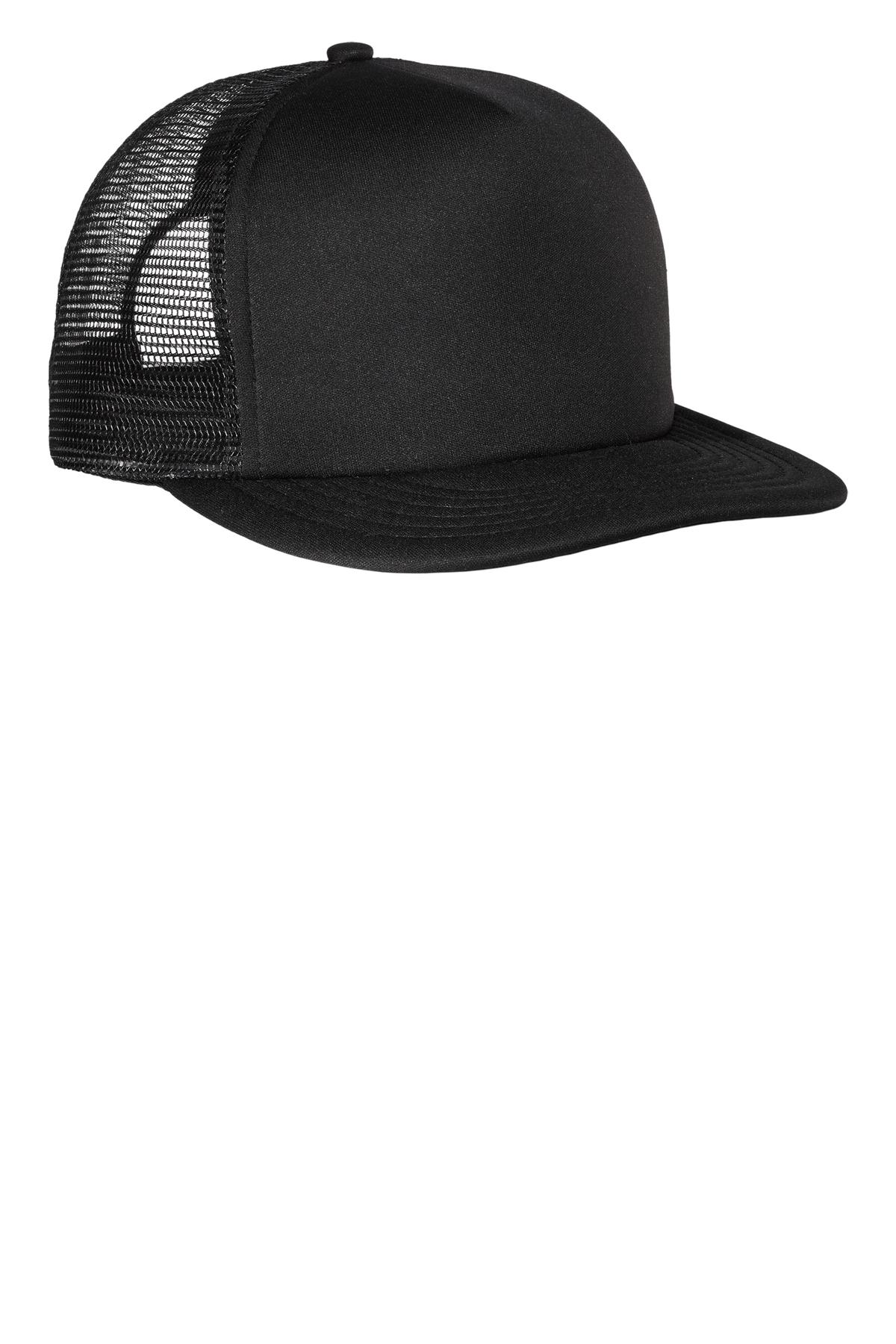 Flat Bill Snapback Trucker Cap Black front view for custom printing