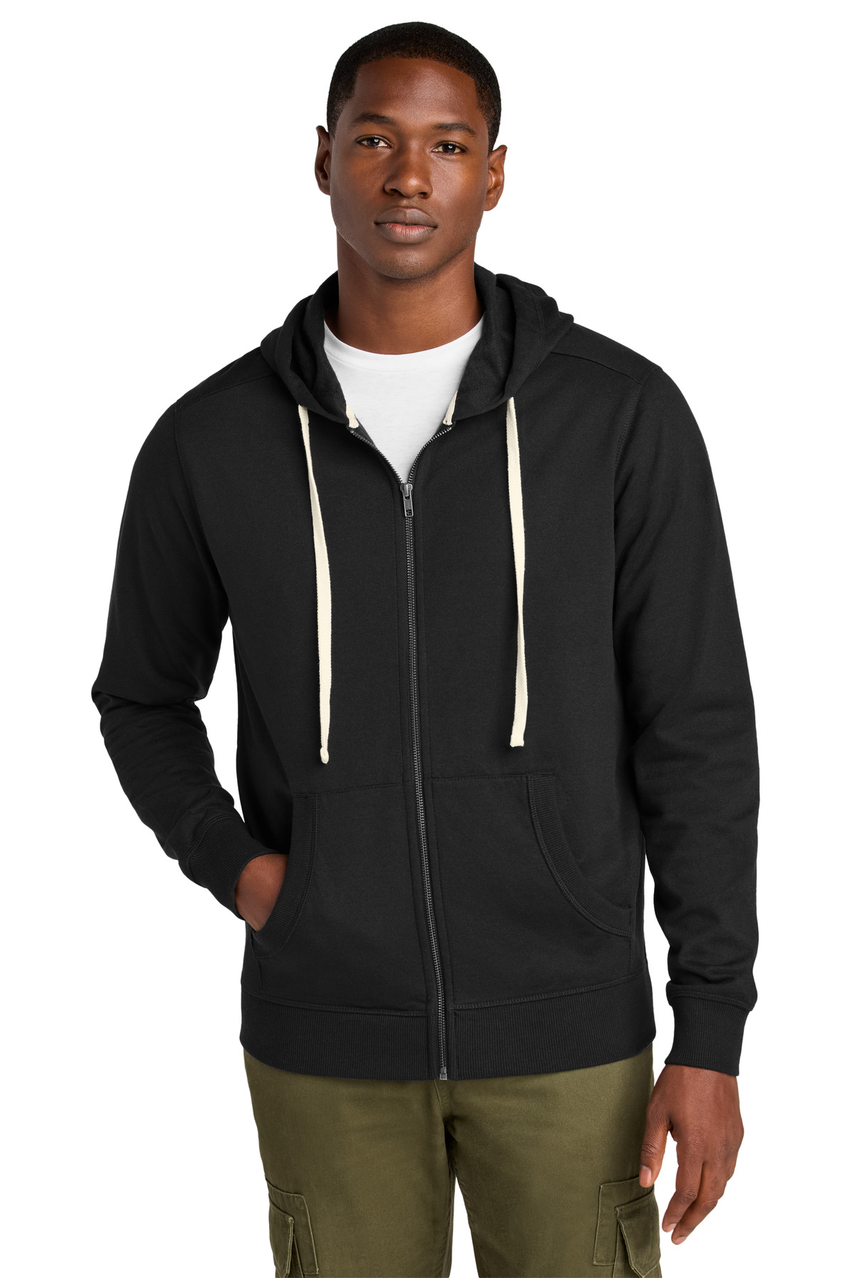 Re-Fleece Full-Zip Hoodie Black front view for custom printing
