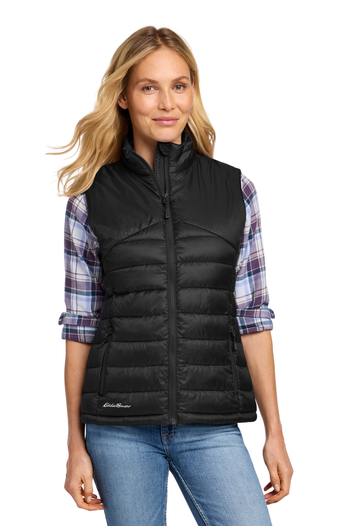 Women's Quilted Vest Deep Black front view for custom printing