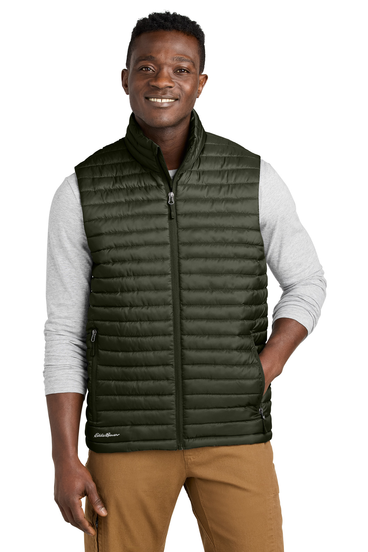 Packable Quilted Vest Olive Green front view for custom printing