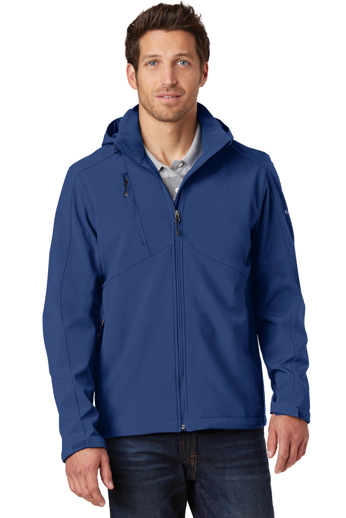 Hooded Soft Shell Parka Admiral Blue front view for custom printing