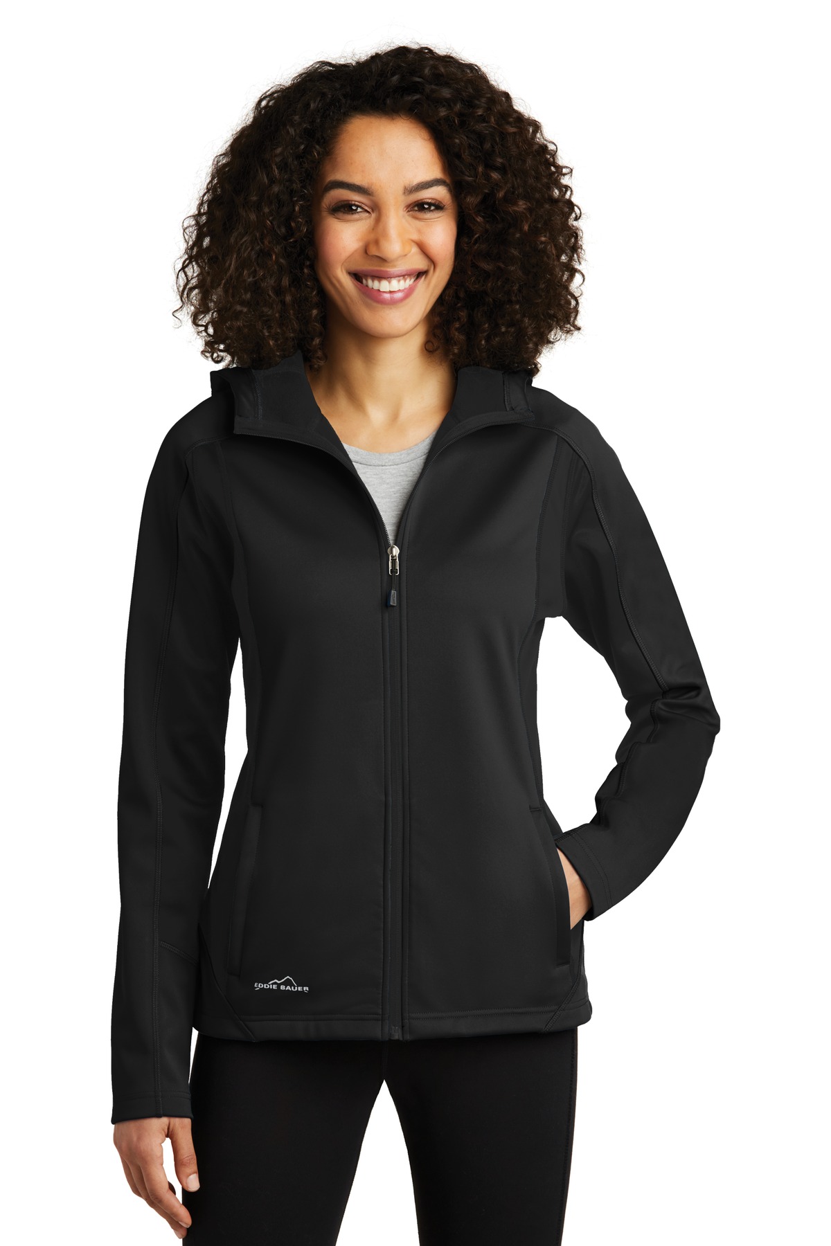 Women's Trail Soft Shell Jacket Black/ Black front view for custom printing