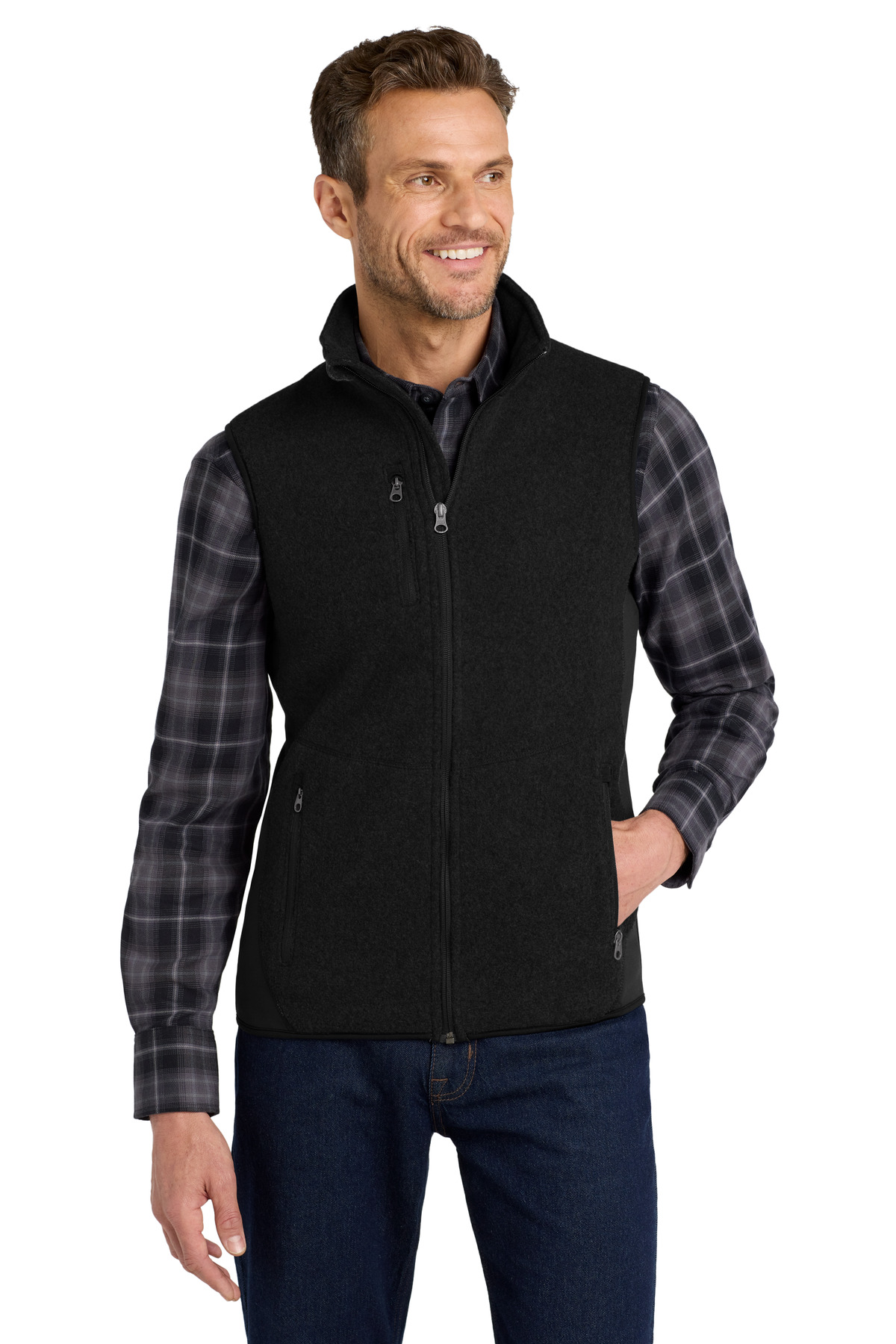 R-Tek Pro Fleece Full-Zip Vest Black/ Black front view for custom printing