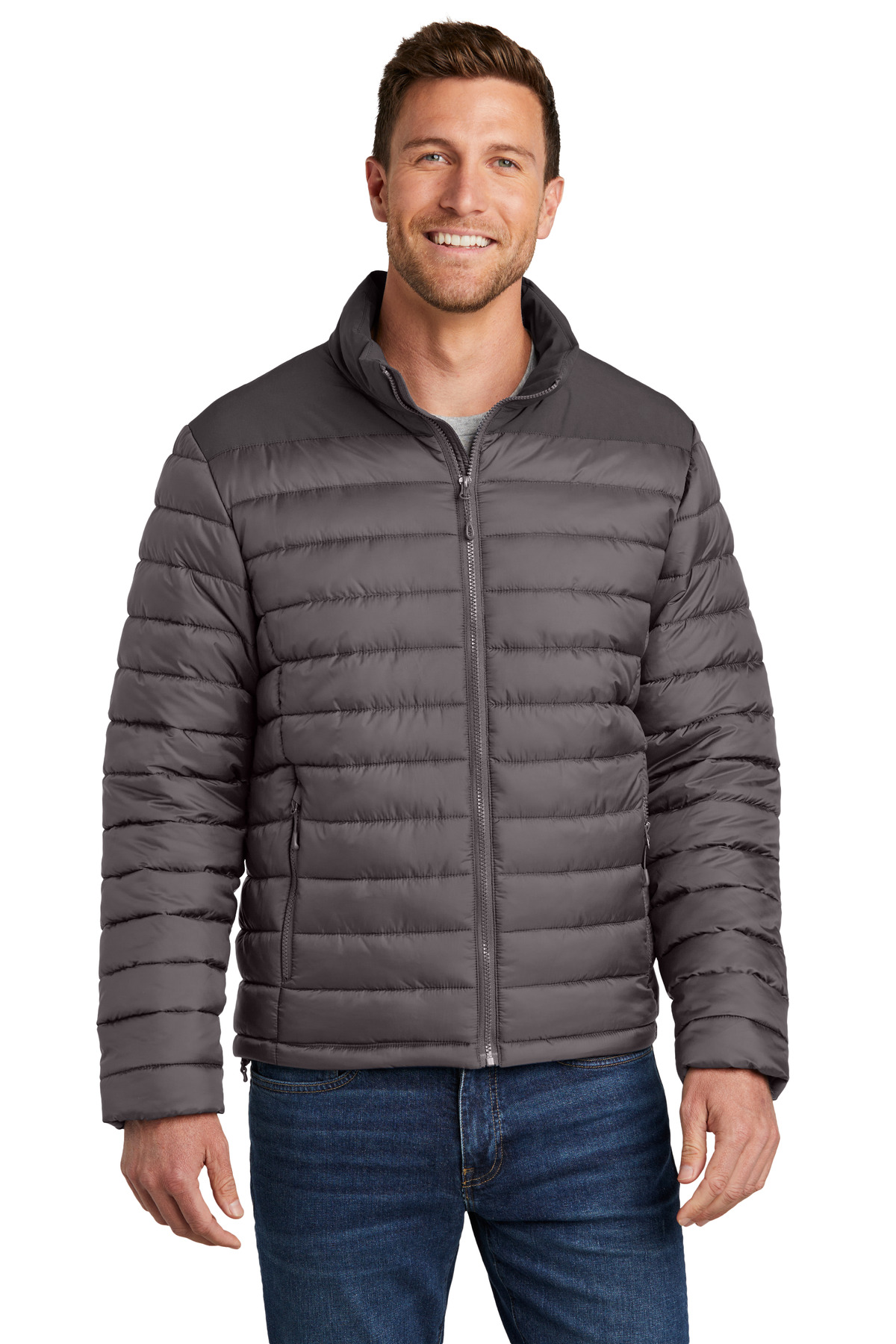 Horizon Puffy Jacket Deep Smoke/ Grey Smoke front view for custom printing