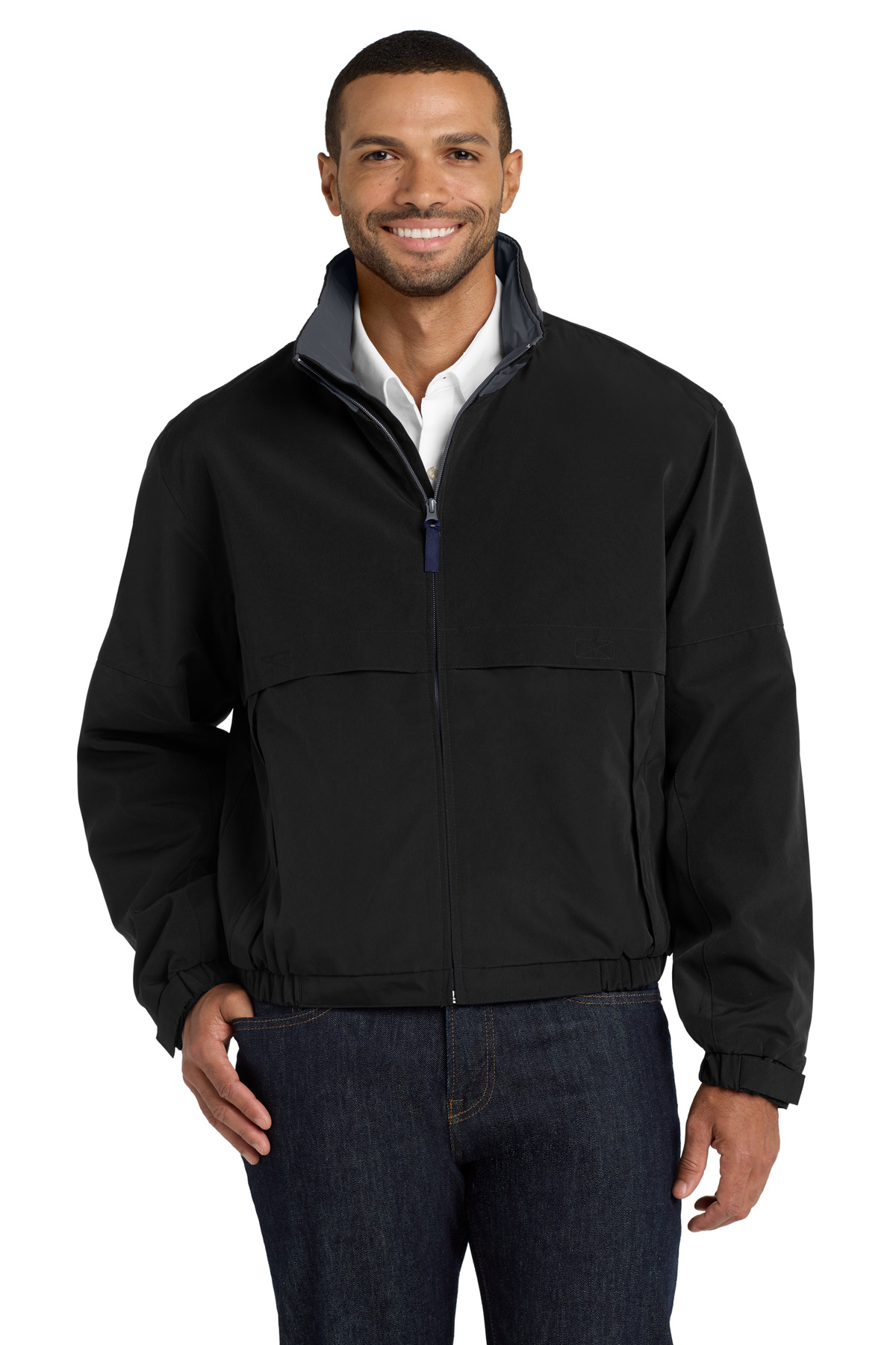 Legacy Jacket Black/ Steel Grey front view for custom printing