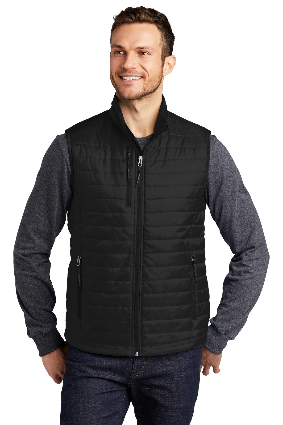 Packable Puffy Vest Deep Black front view for custom printing