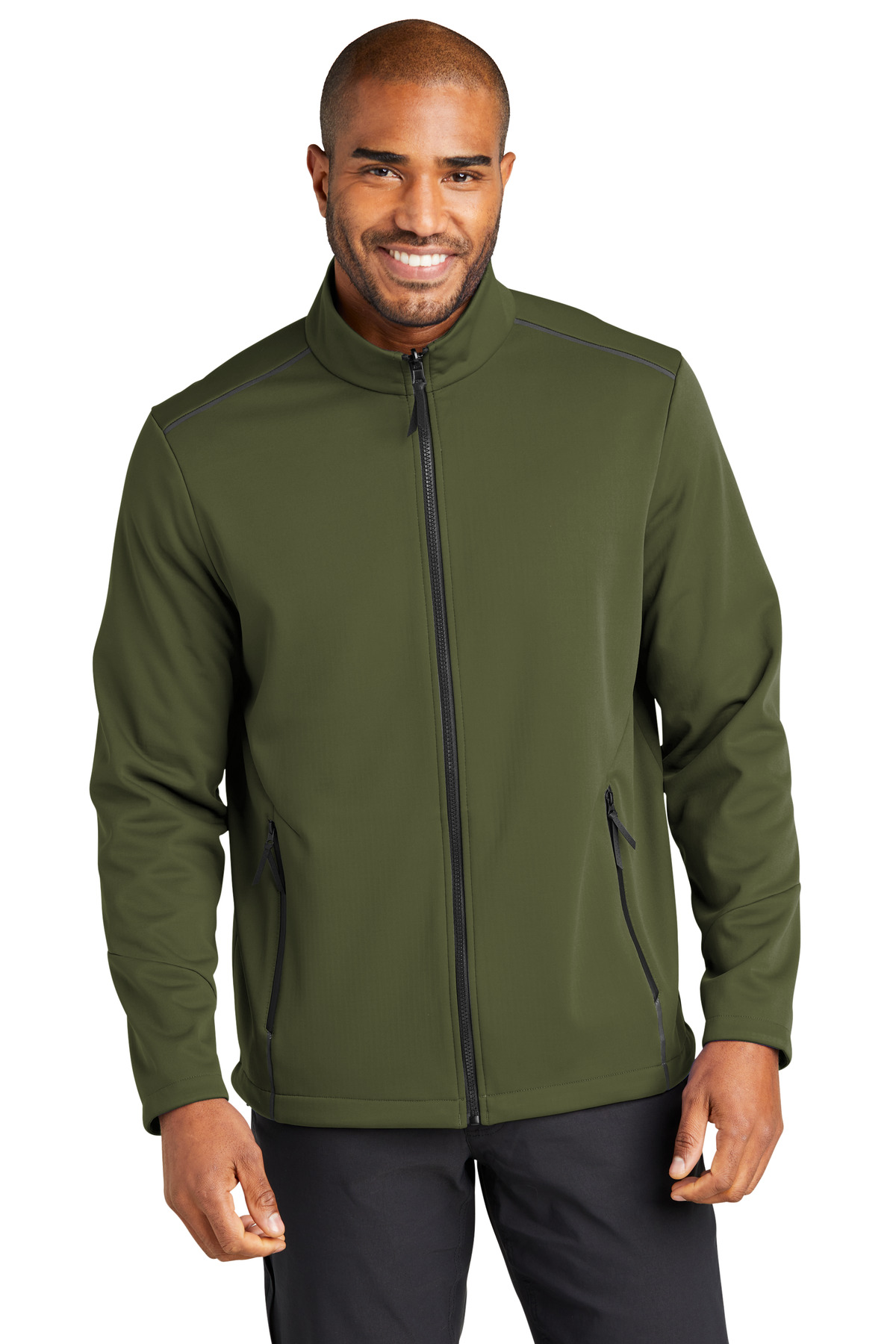 Collective Tech Soft Shell Jacket Olive Green front view for custom printing