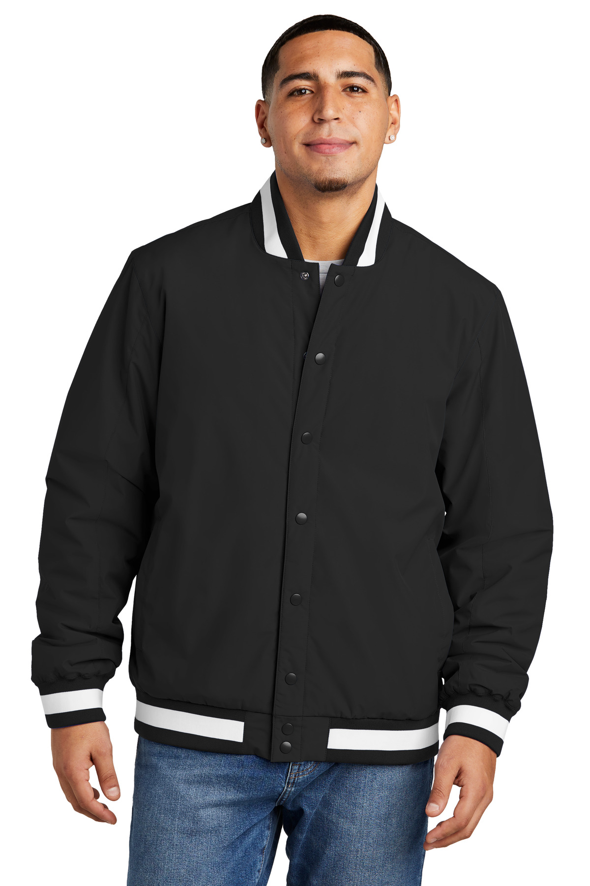 Insulated Varsity Jacket Black front view for custom printing