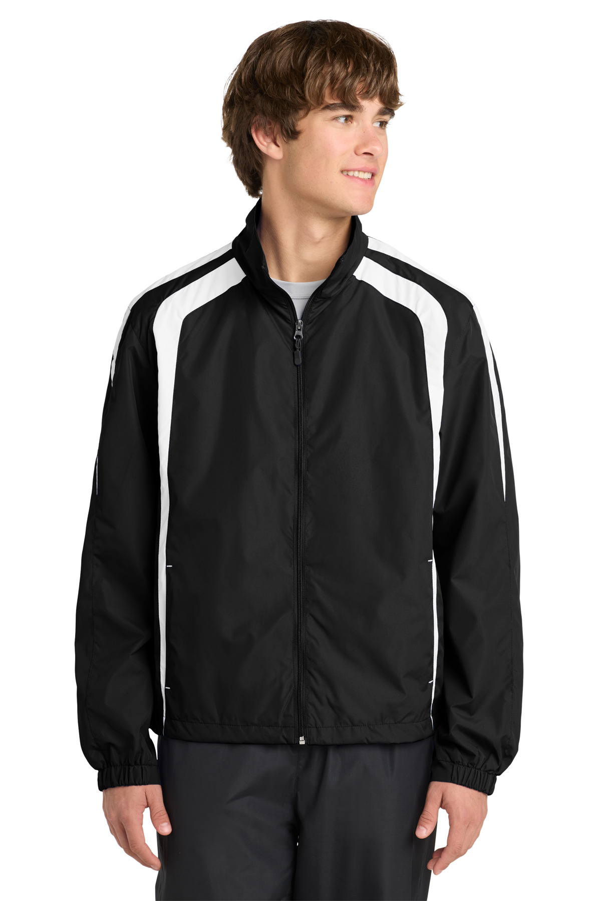 Colorblock Raglan Jacket Black/ White front view for custom printing