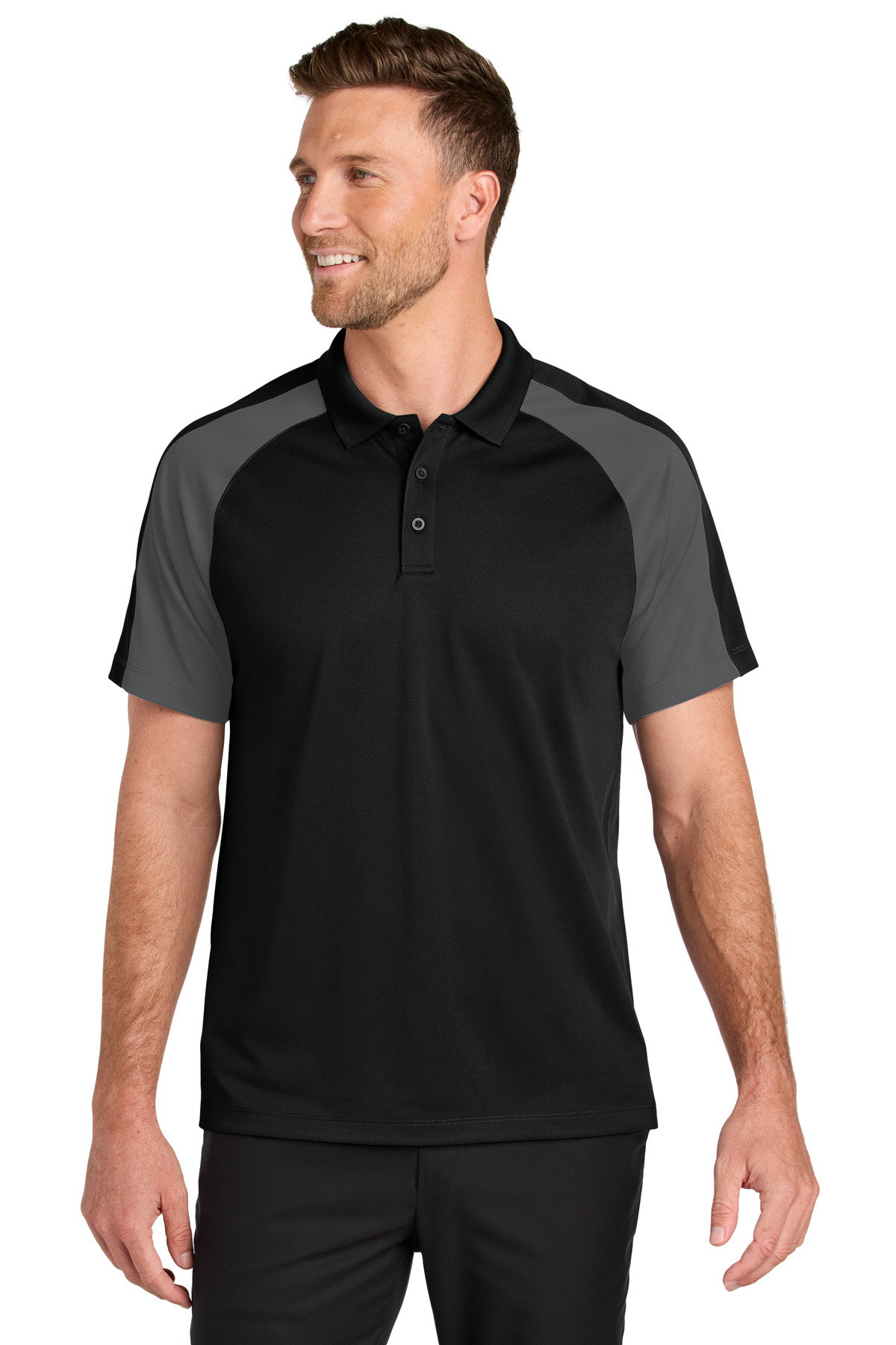Wearever Performance Pique Colorblock Polo Deep Black/ Storm Grey front view for custom printing