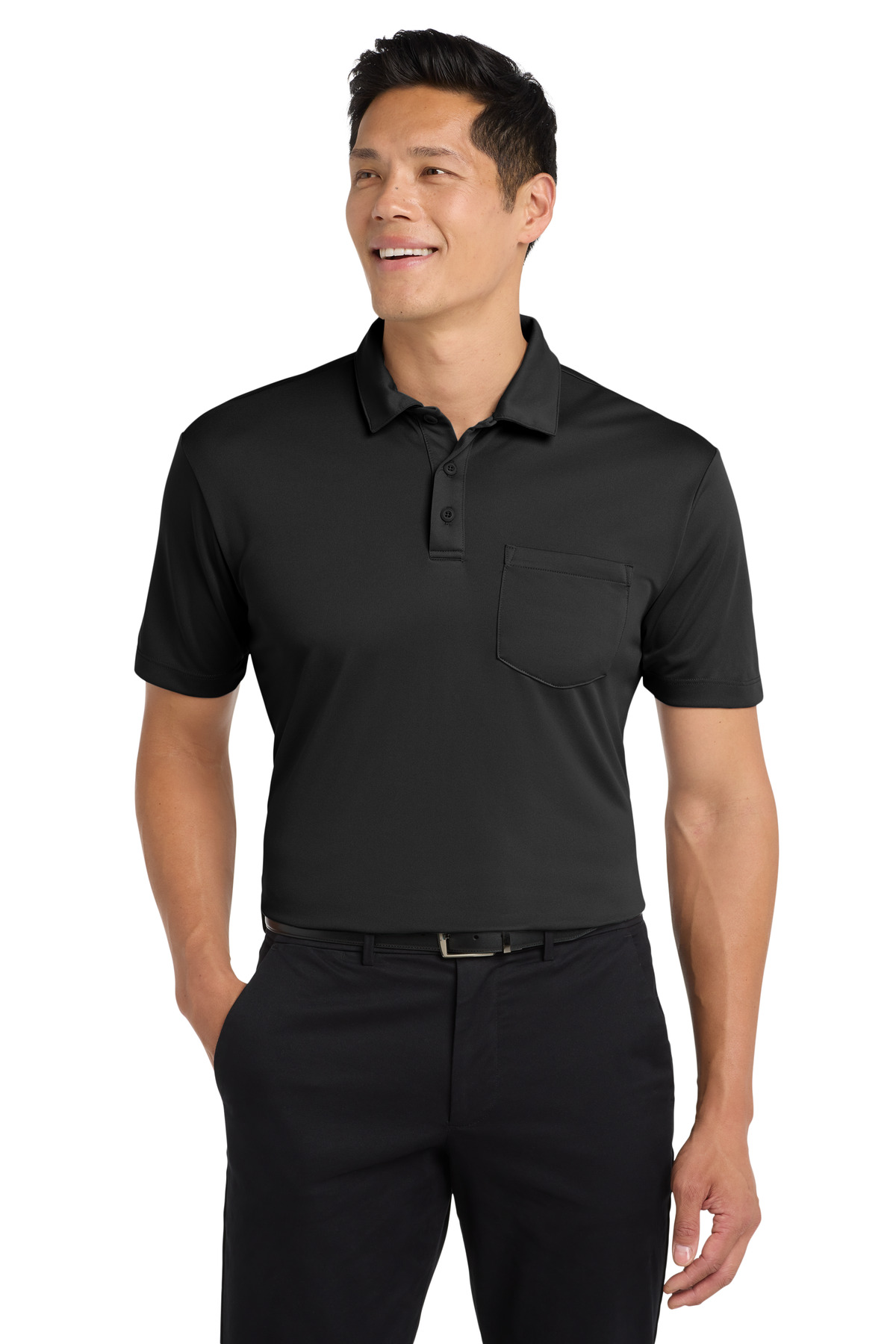 Silk Touch Performance Pocket Polo Black front view for custom printing