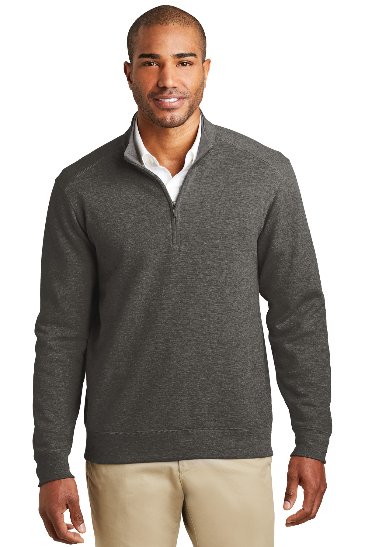 Interlock 1/4-Zip Charcoal Heather/ Medium Heather Grey front view for custom printing