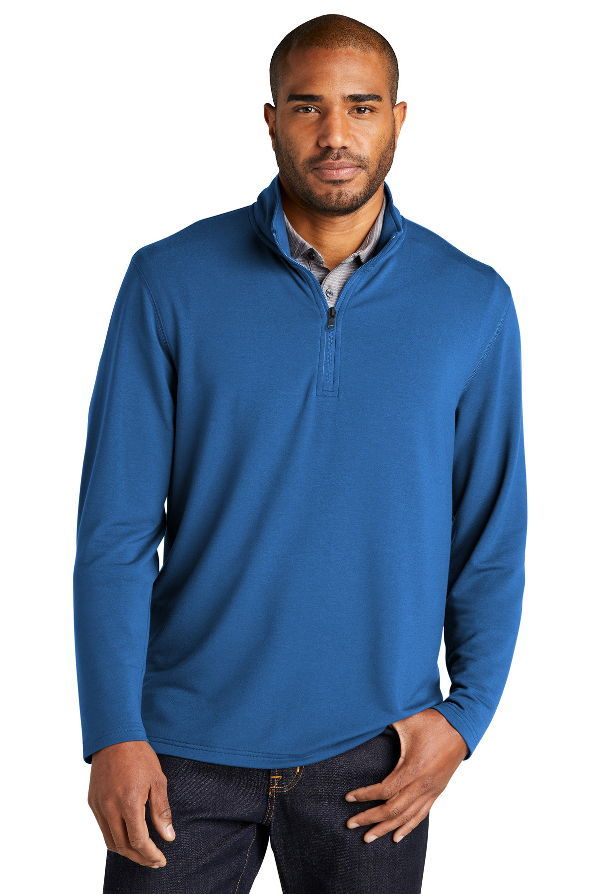 Microterry 1/4-Zip Pullover Aegean Blue front view for custom printing