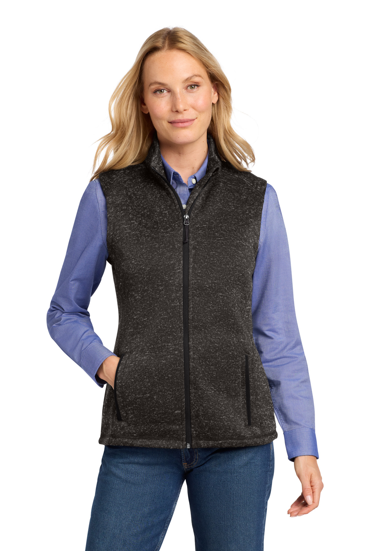 Women's Sweater Fleece Vest Black Heather front view for custom printing