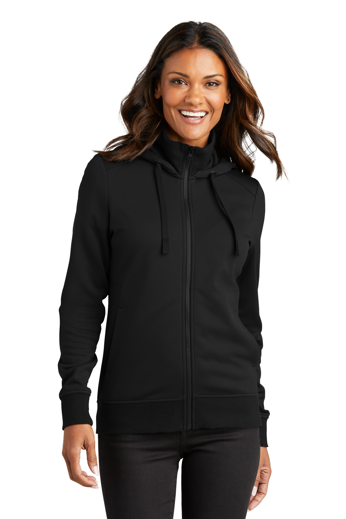 Women's Smooth Fleece Hooded Jacket Deep Black front view for custom printing