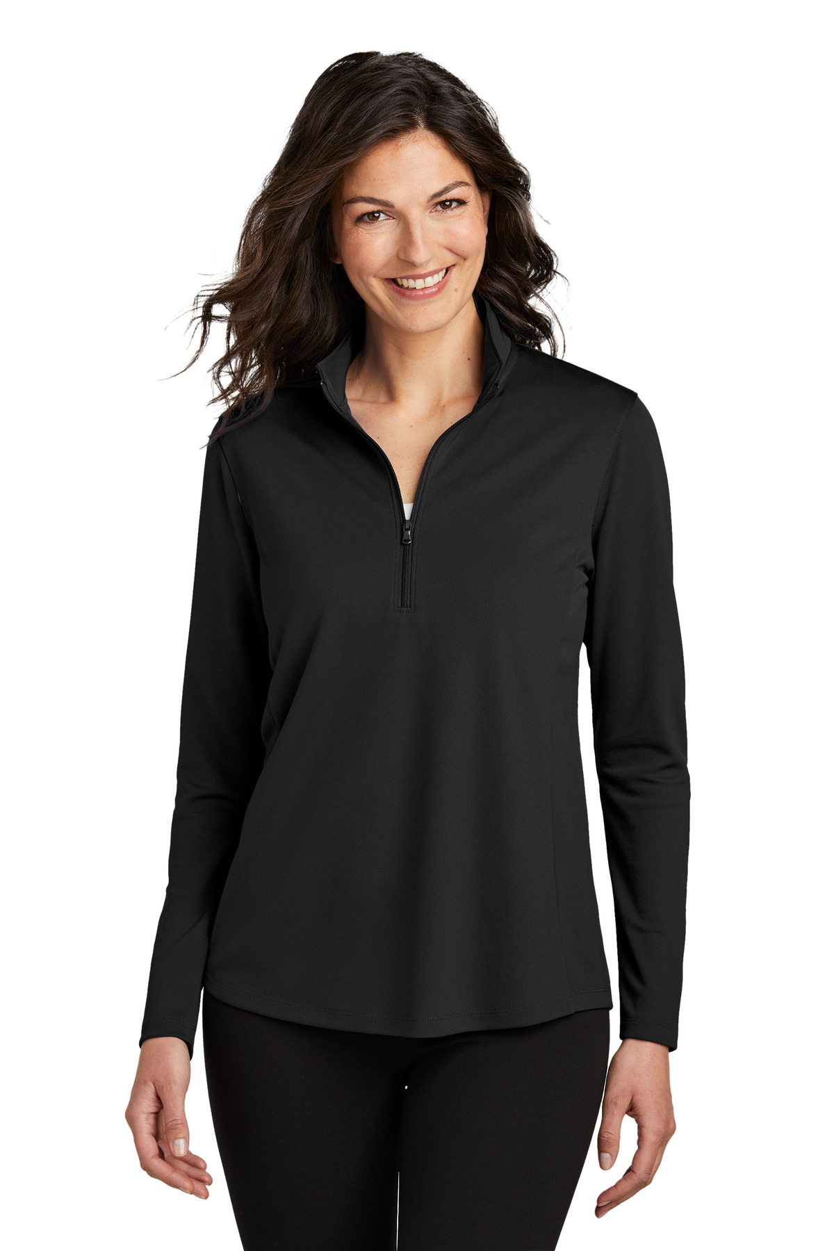 Women's Dry Zone UV Micro-Mesh 1/4-Zip Deep Black front view for custom printing