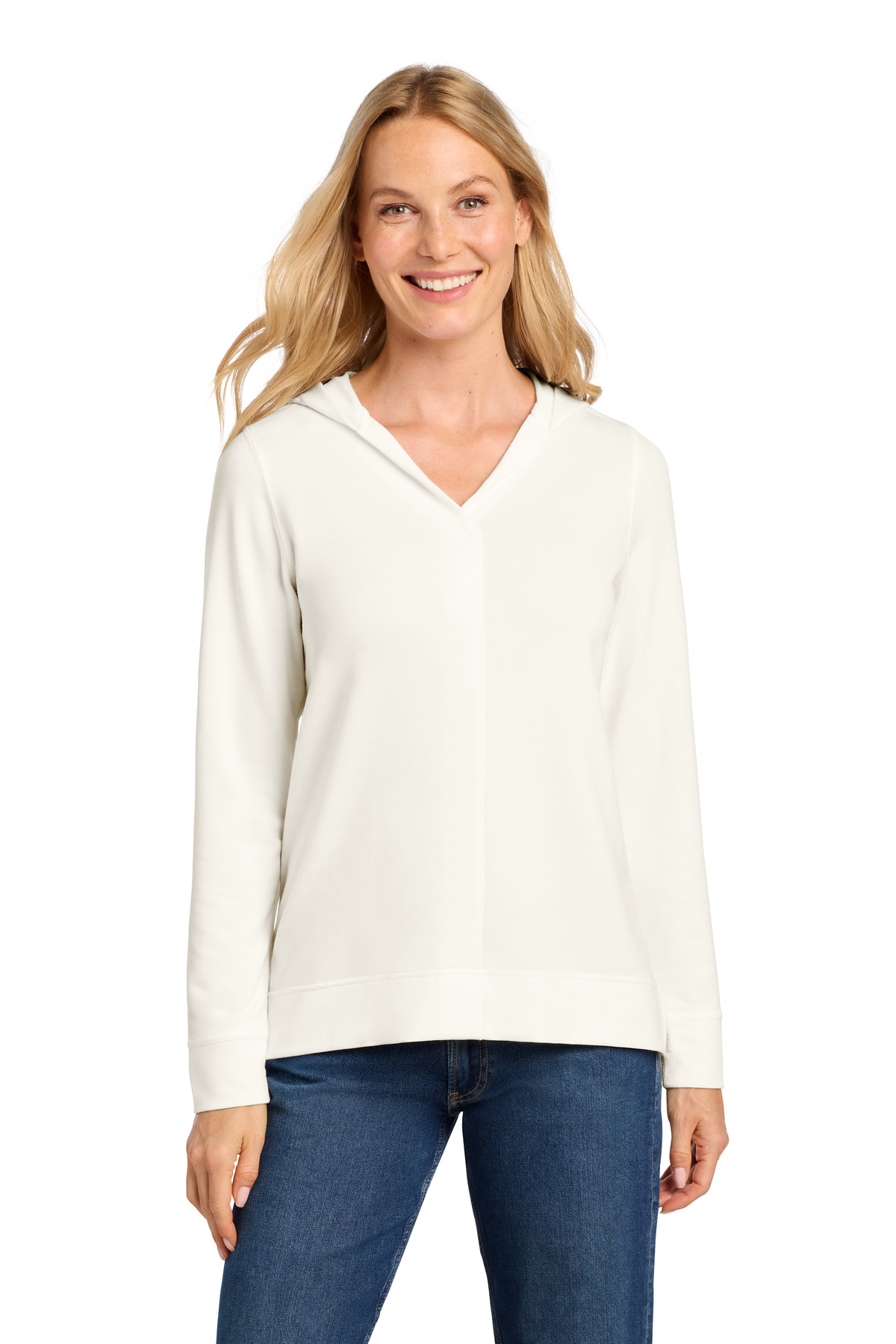 Women's Microterry Pullover Hoodie Ivory Chiffon front view for custom printing
