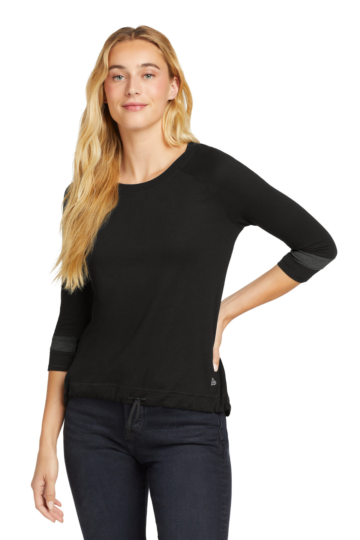 Women's Tri-Blend 3/4-Sleeve Tee Black Solid/ Graphite front view for custom printing