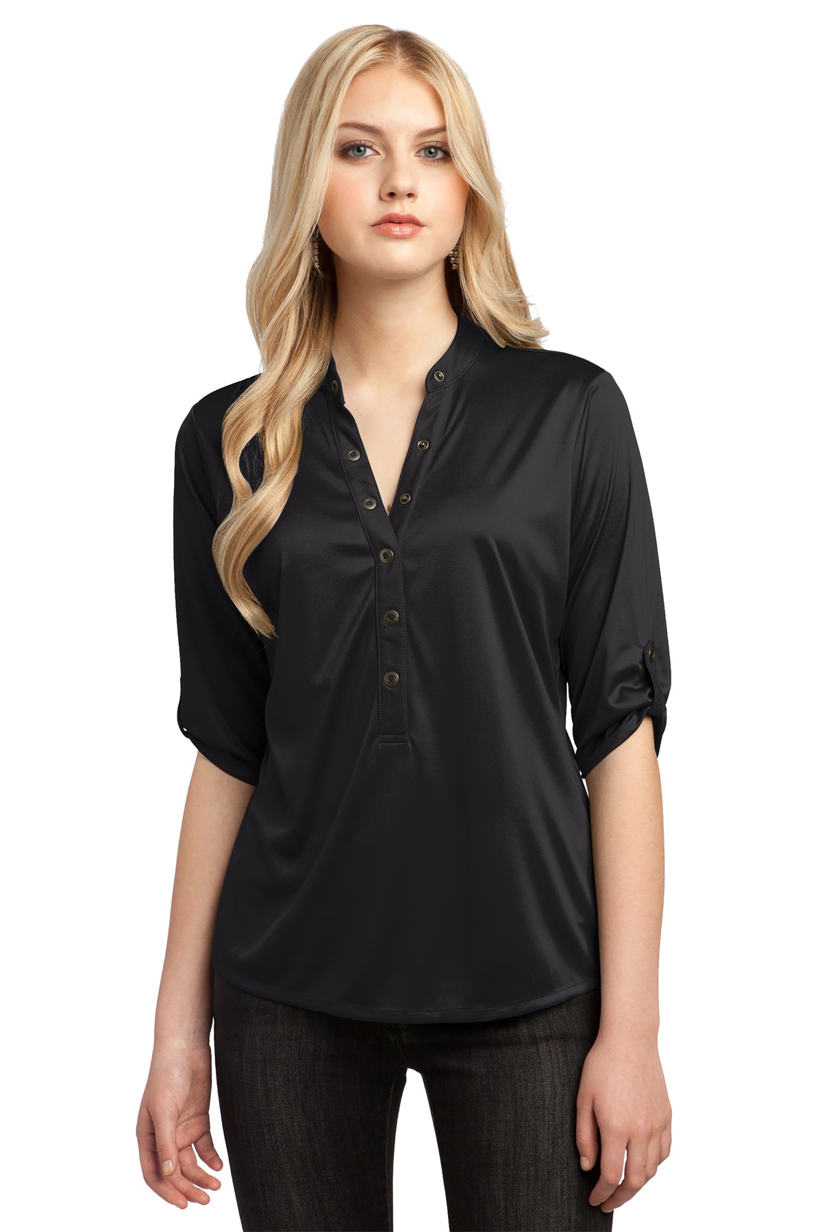 Crush Henley Blacktop front view for custom printing