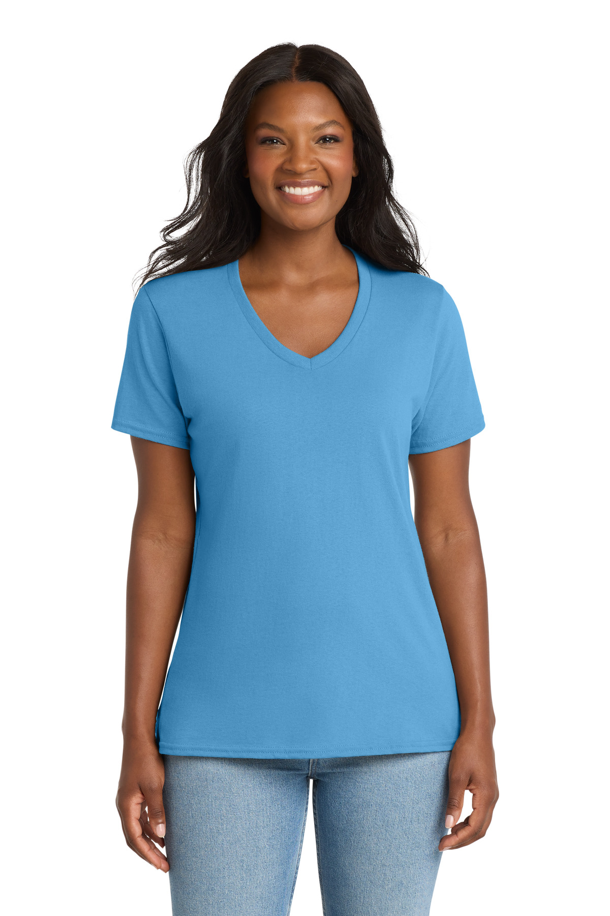 Women's Core Cotton V-Neck Tee Aquatic Blue front view for custom printing