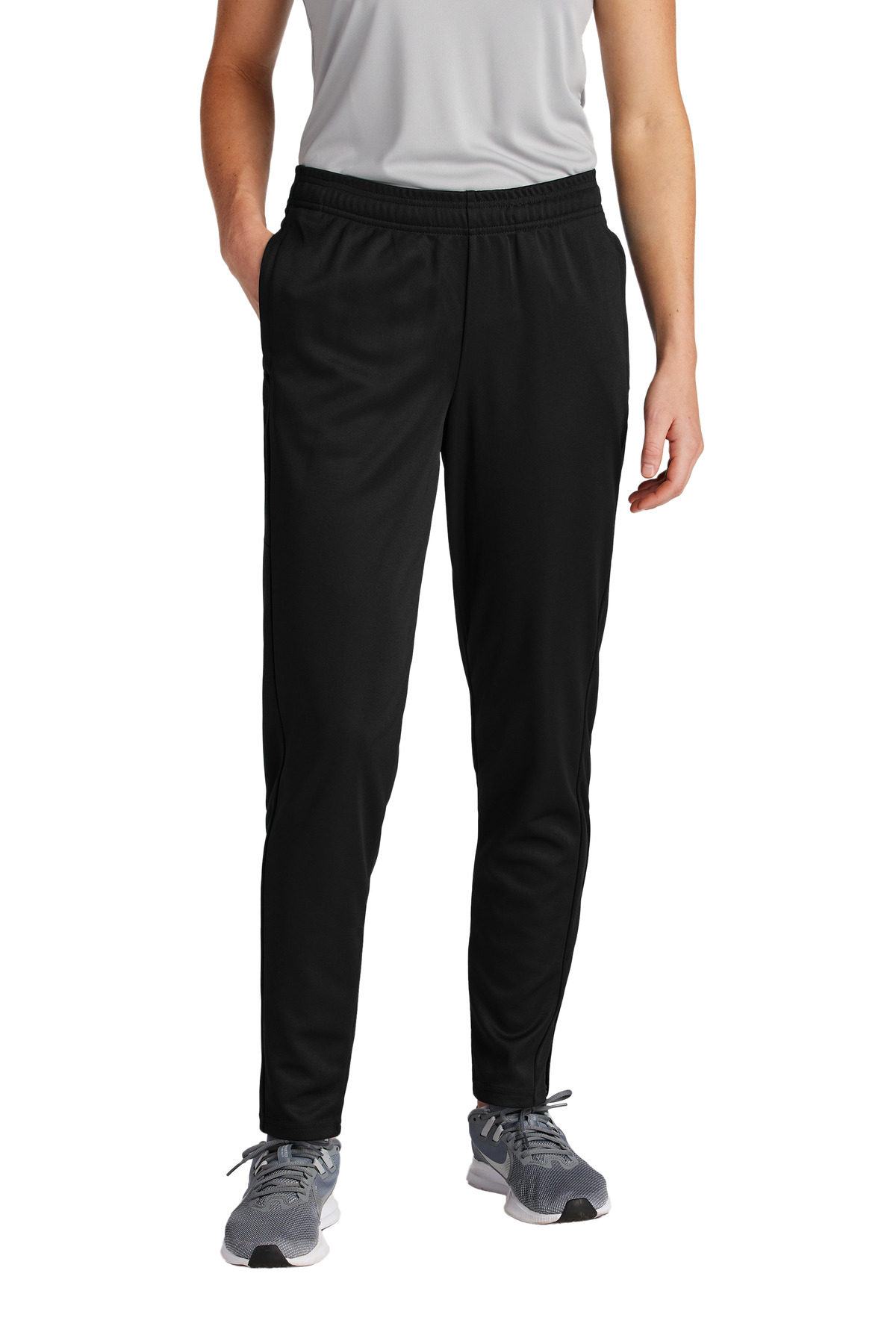 Women's Travel Pant Black/ Black front view for custom printing