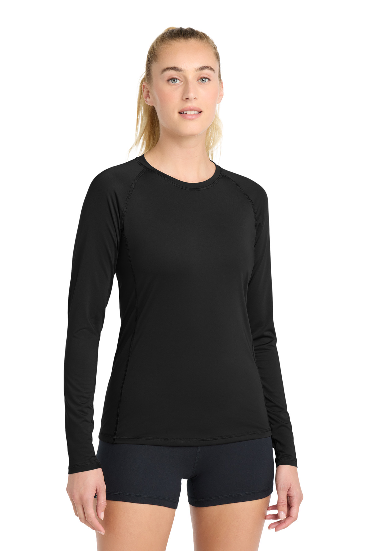 Women's Long Sleeve Rashguard Tee Black front view for custom printing