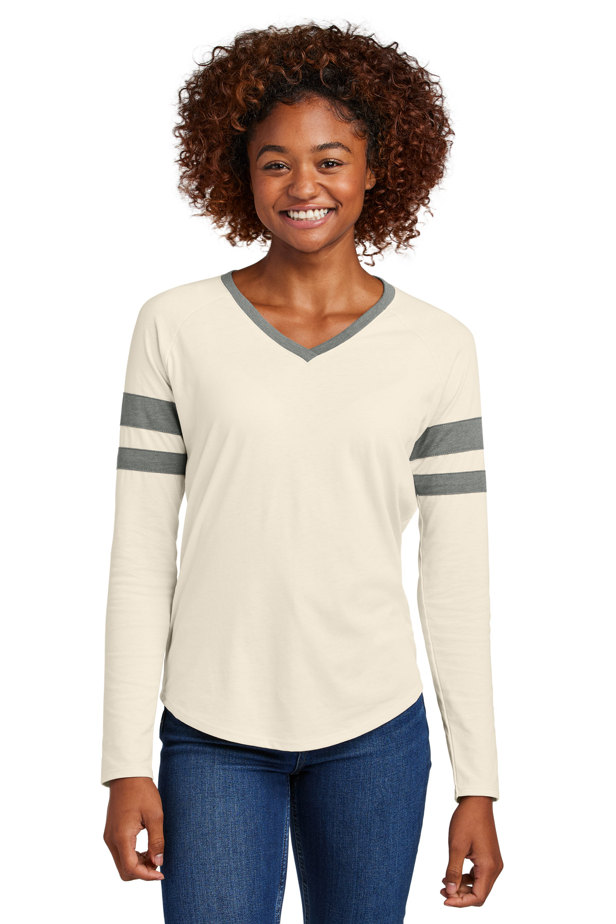 Women's Halftime Stripe Long Sleeve V-Neck Tee Vintage Heather/ Ecru front view for custom printing