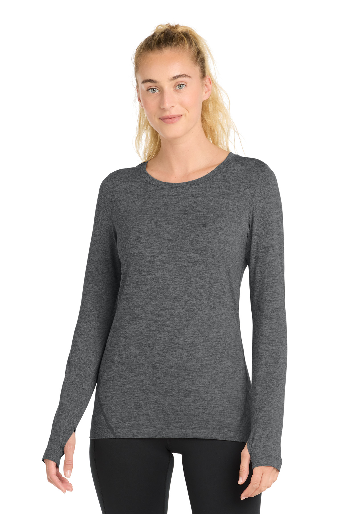 Women's Exchange 1.5 Long Sleeve Crew Graphite Heather front view for custom printing