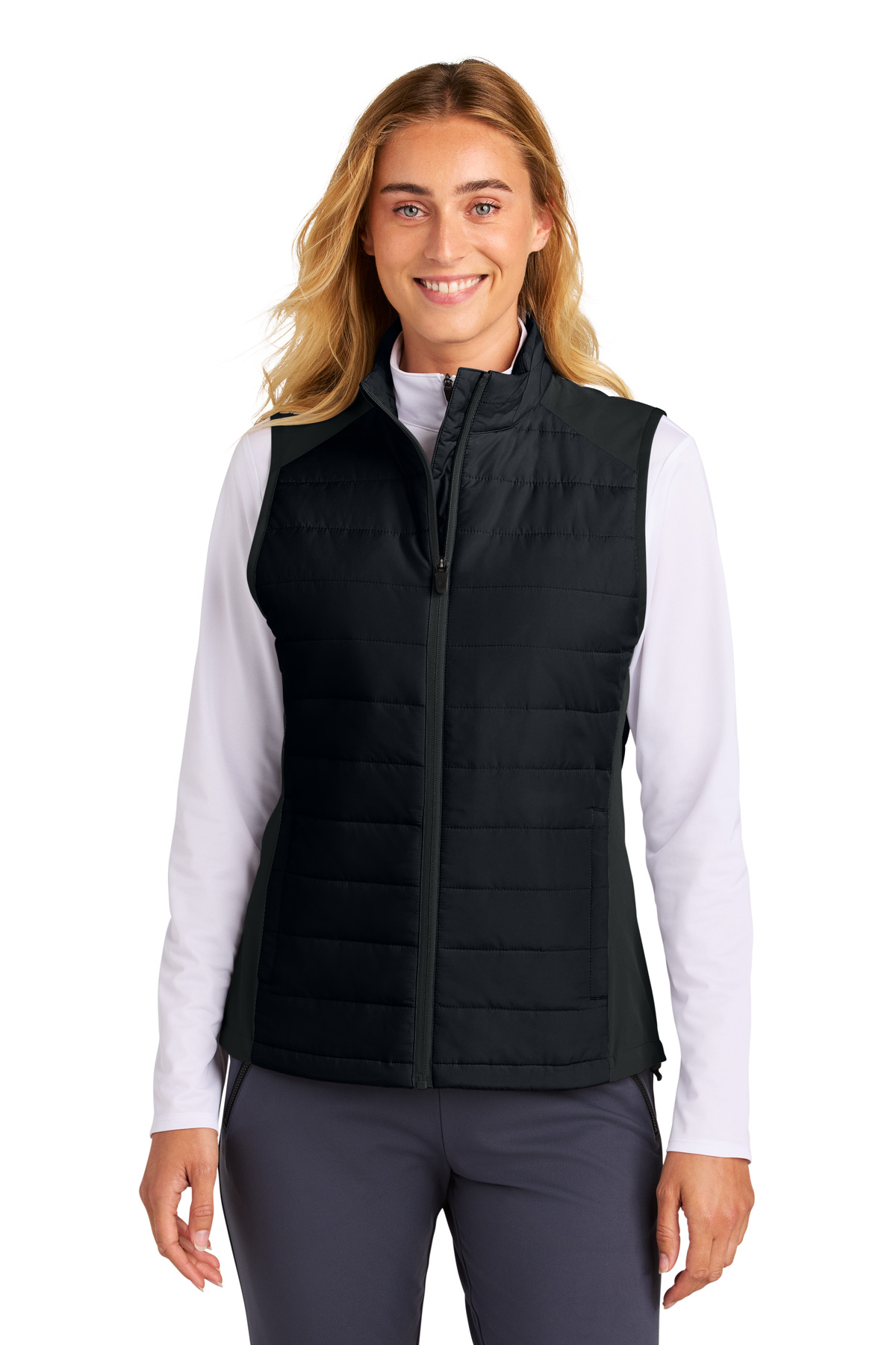 Women's Teknical Hybrid Vest Black front view for custom printing