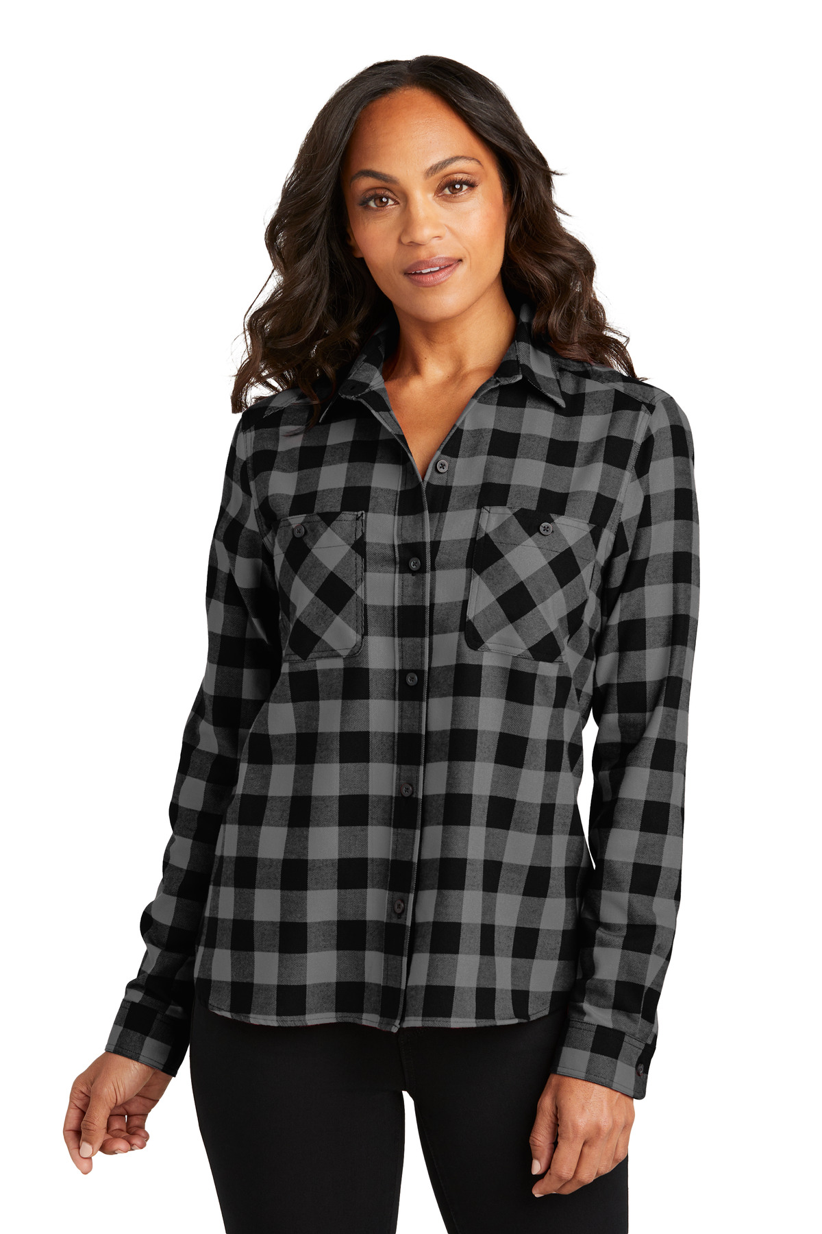 Women's Plaid Flannel Shirt Grey/ Black Buffalo Check front view for custom printing