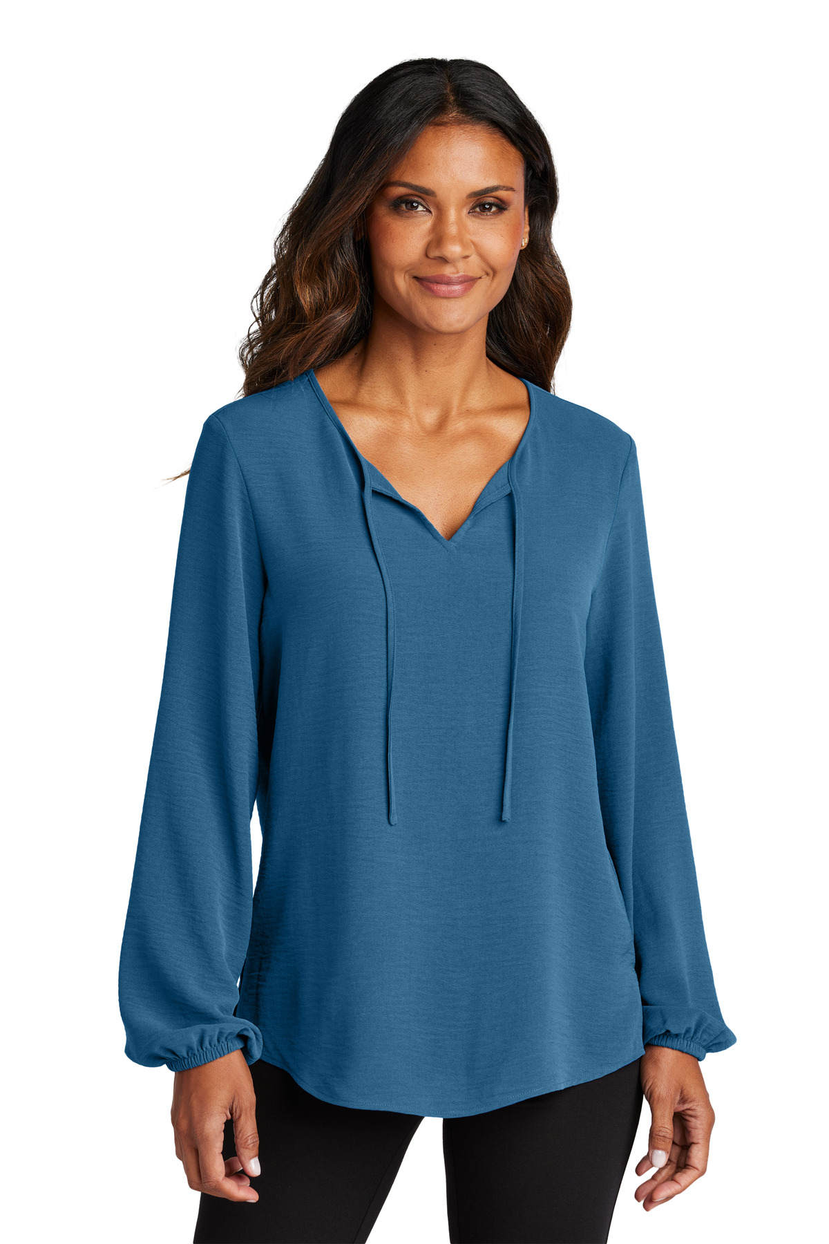 Women's Textured Crepe Blouse Aegean Blue front view for custom printing