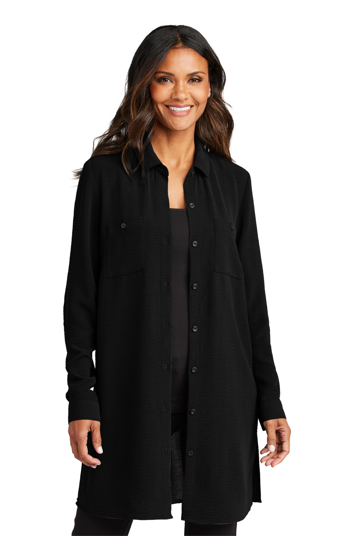 Women's Textured Crepe Long Tunic Deep Black front view for custom printing
