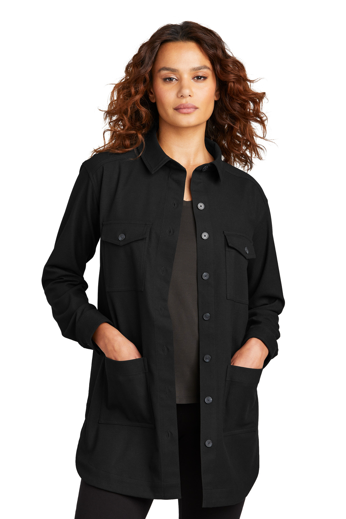 Women's Long Sleeve Twill Overshirt Deep Black front view for custom printing