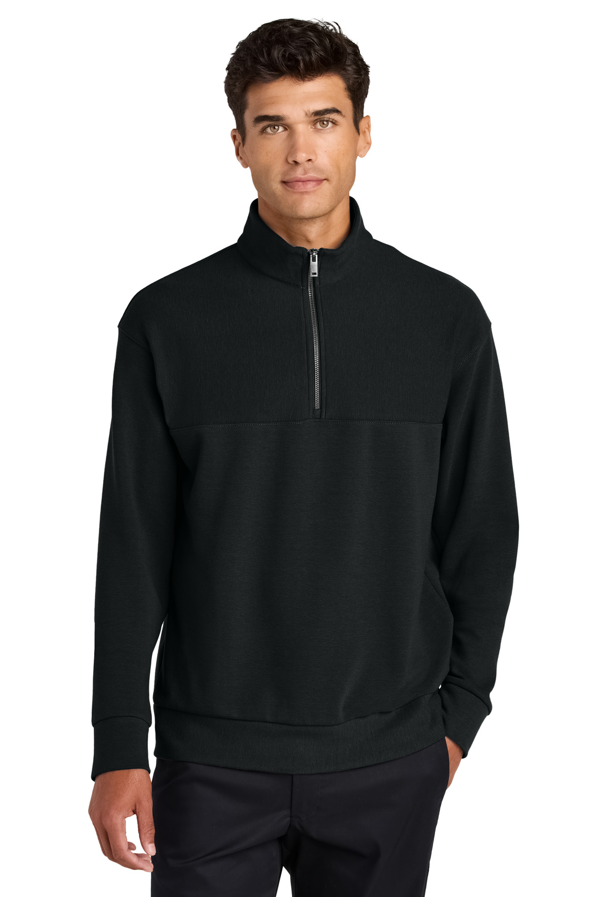 Linear Texture 1/4-Zip Deep Black front view for custom printing