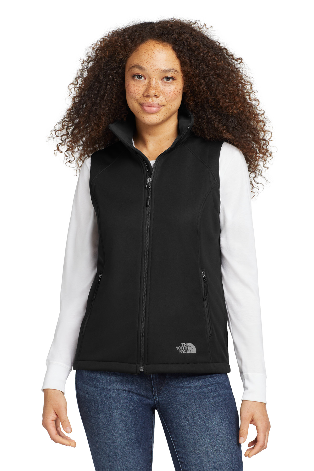 Women's Ridgewall Soft Shell Vest TNF Black front view for custom printing